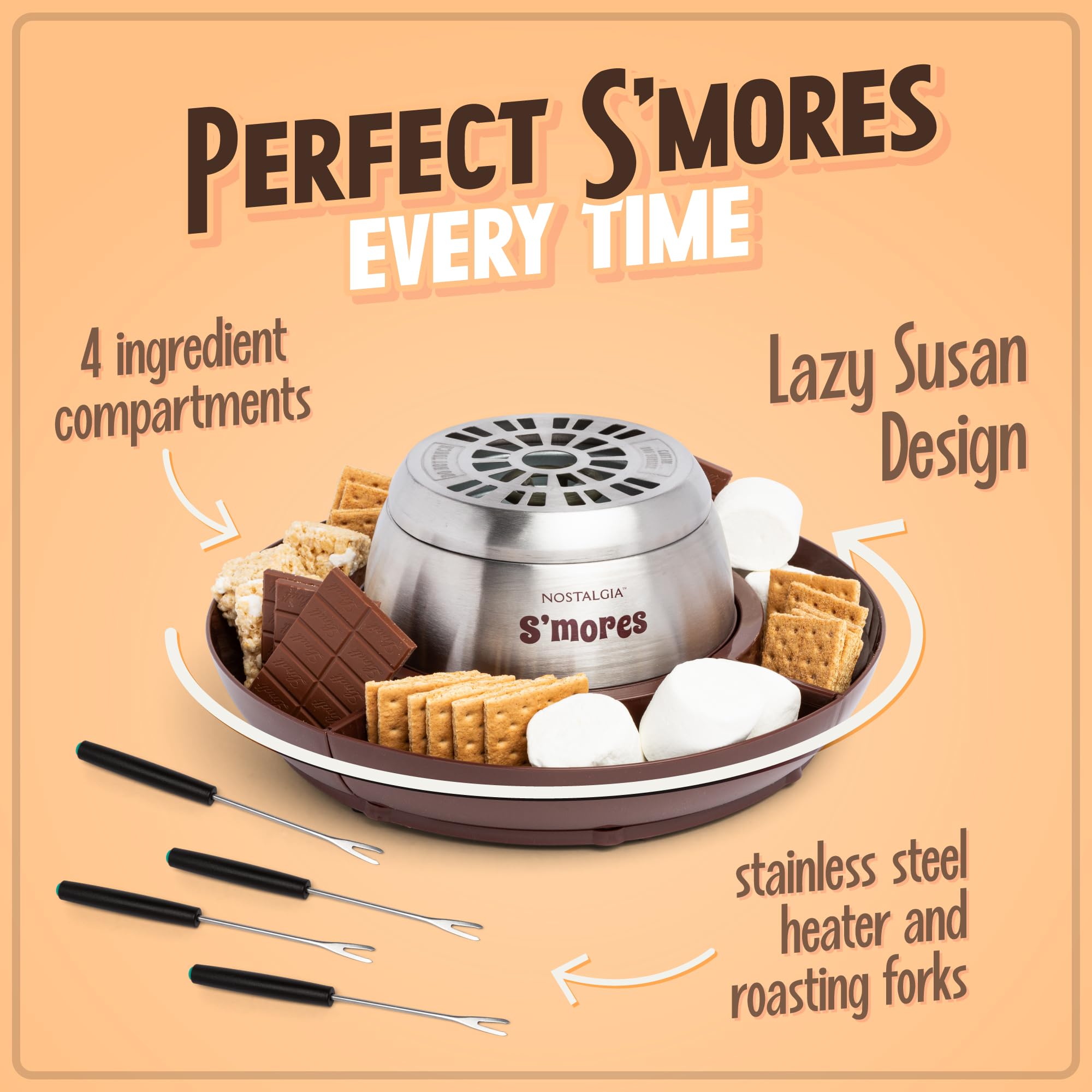 Nostalgia Indoor Electric S'Mores Maker - Stainless Steel Smores Machine with 4 Rotating Trays for Graham Crackers, Chocolate & Marshmallows - Includes 4 Roasting Forks - Perfect for Family Gatherings, Camping Parties & Cozy Winter Nights