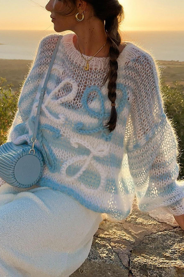 Rainbow Striped Knit Sweater for Women - Cozy Loose Fit Hollow Out Design - Perfect for Casual Outfits, Fall Layering & Boho Chic Style