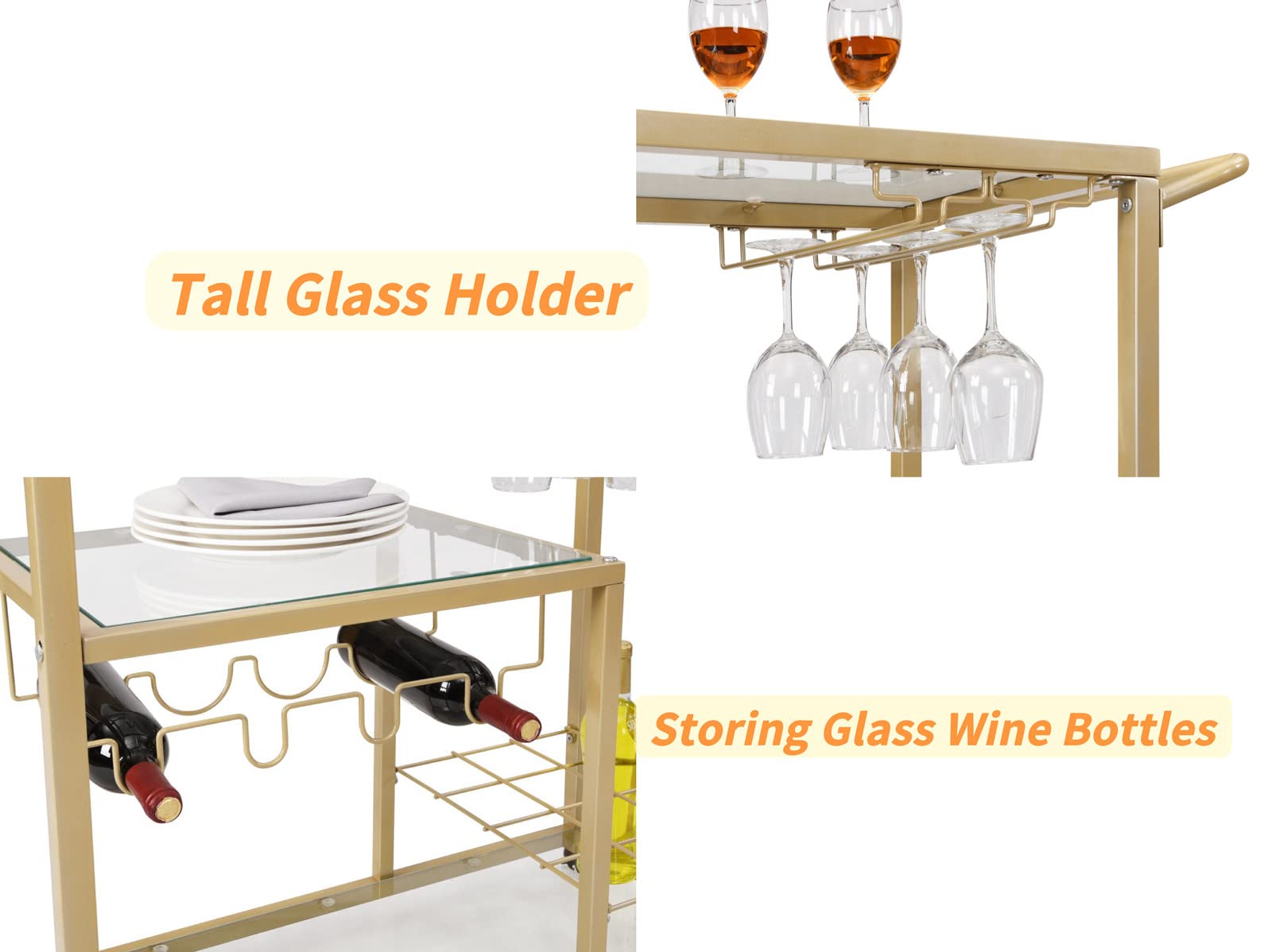 Gold Rolling Bar Cart with Wheels - 3-Tier Mobile Serving Cart with Wine Glass Holders for Kitchen, Home Bar, Party & Dining Room - Perfect for Entertaining, Cocktail Serving & Wine Storage
