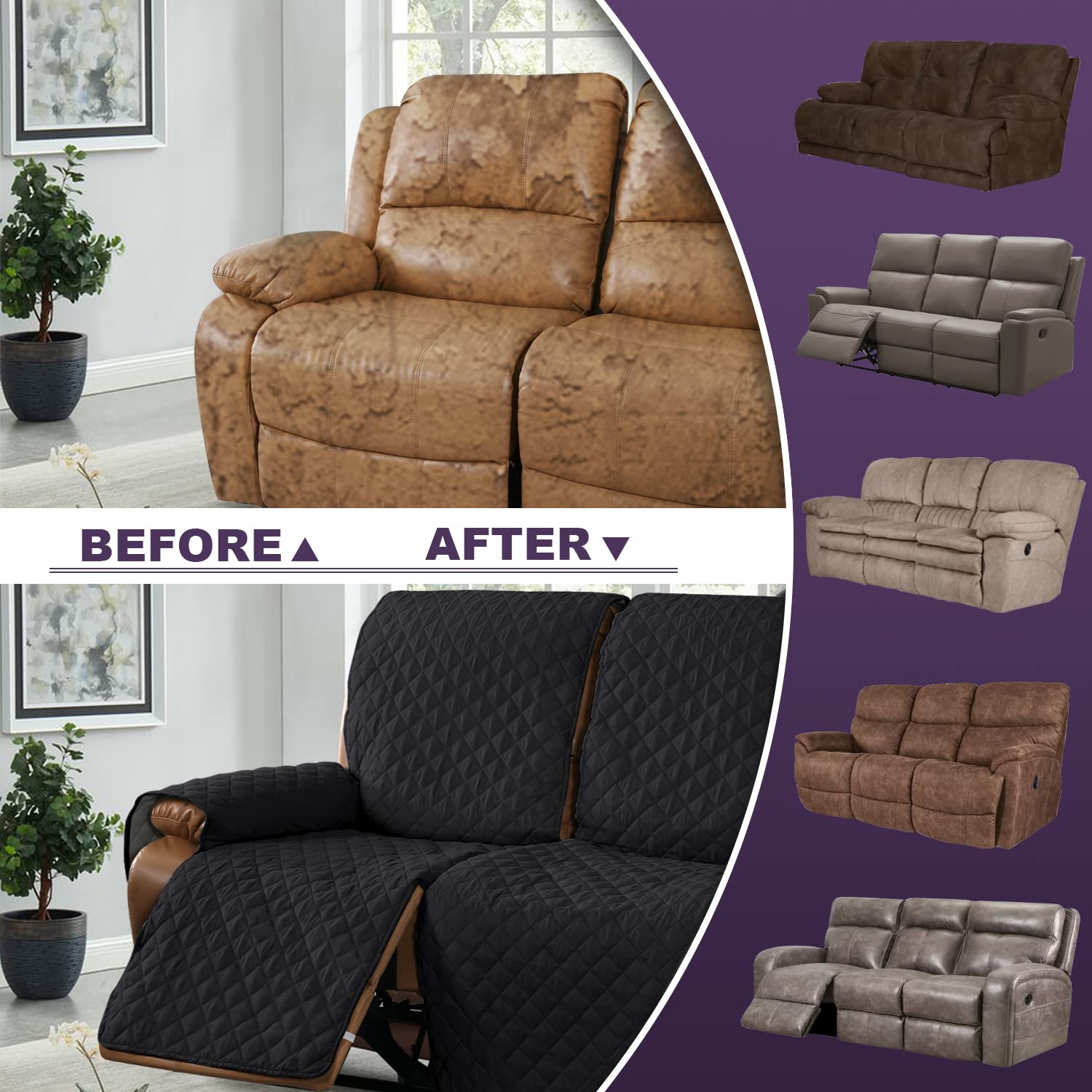 MeilleMaison Recliner Sofa Slipcover - Stretchable 3-Seater Couch Cover for Reclining Sofas, Non-Slip Washable Furniture Protector for Pets & Kids (Black/Grey) - Perfect for Living Room, Family Room & Home Theater Seating (MMCLKR03C6)