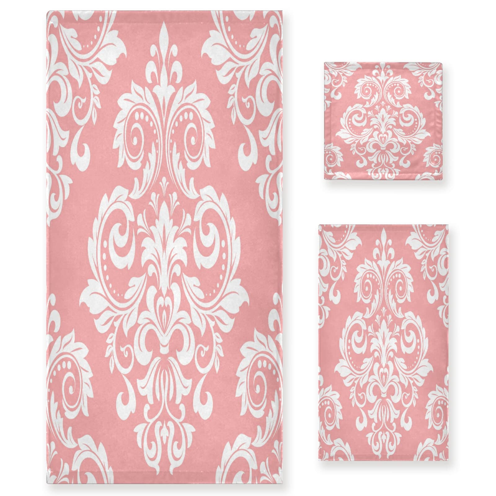 WELLDAY Baroque Damask Pink Floral Bath Towel Set of 3 - Ultra Soft & Highly Absorbent Luxury Towels for Spa, Home & Hotel Bathroom Decor - Perfect for Bath, Beach & Gift Giving