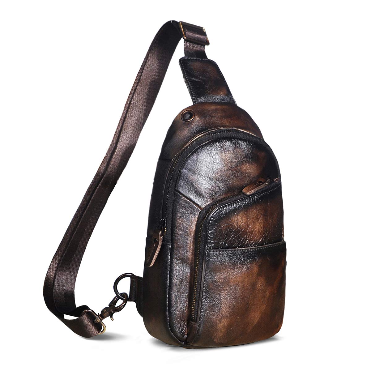 Le'aokuu Men's Leather Crossbody Sling Bag - Outdoor Hiking Travel Chest Shoulder Bag - Durable Casual Messenger Bag for Hiking, Camping & Daily Use (Coffee Brown, Model XB8010)
