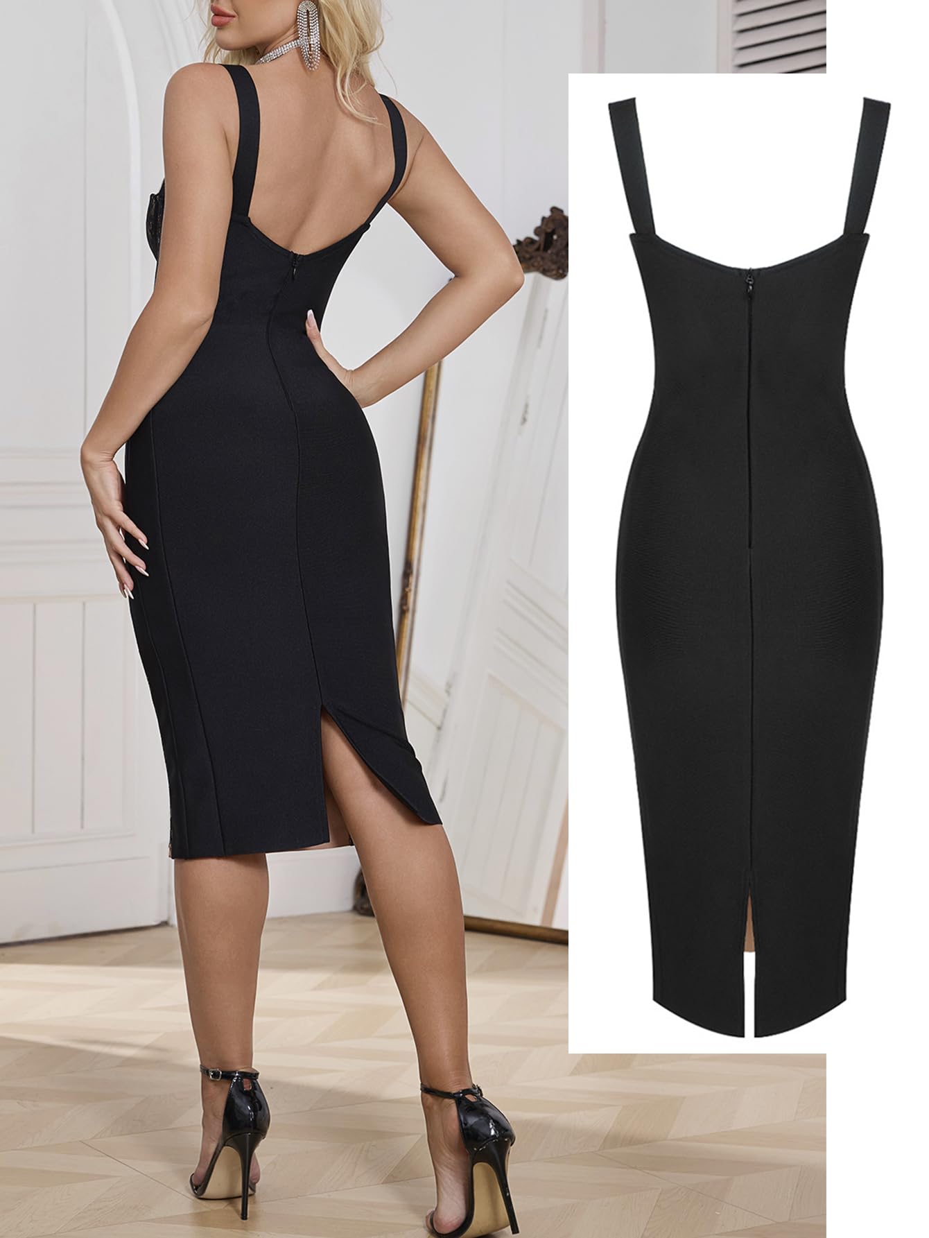 Elegant Lace Fishbone Midi Dress for Women - Back Slit Cocktail Party & Wedding Guest Dress - Perfect for Evening Events, Date Nights & Special Occasions