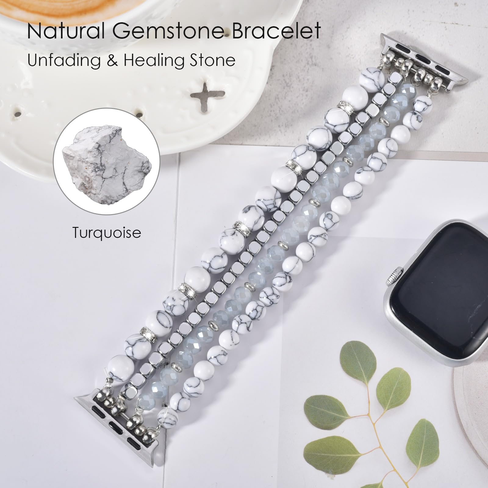 Natural Stone Beaded Stretch Bracelet Compatible with Apple Watch 38mm/40mm/41mm/42mm/44mm/45mm - Handmade Adjustable Strap for Women, iWatch Series 9/8/7/6/5/4/3/2/1/SE - Perfect for Office, Yoga & Casual Wear
