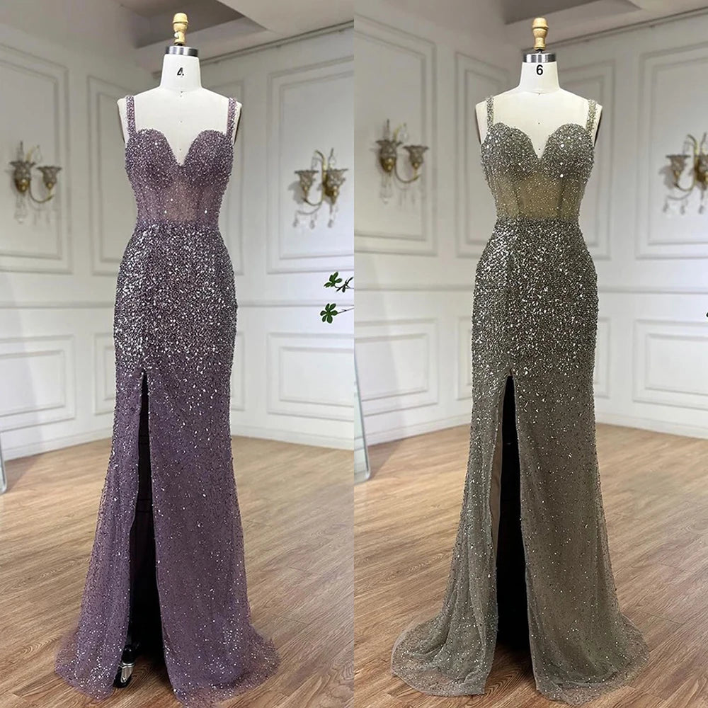 Elegant Purple Spaghetti Strap Mermaid Beaded Evening Gown for Women - Wedding, Party & Formal Dresses 2025 | LA72454 | Perfect for Prom, Cocktail Parties & Special Occasions