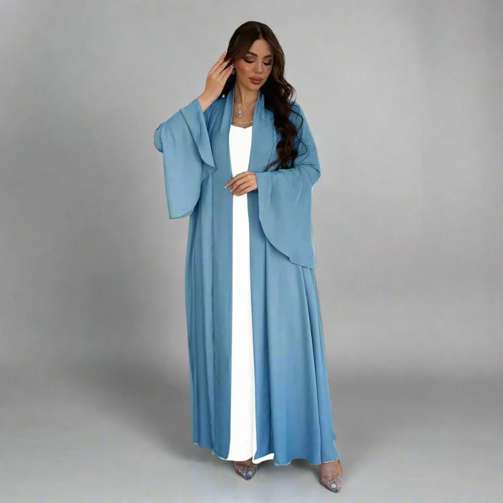 Elegant Muslim Women's Ruffle Sleeve Cardigan Open Abaya Dress - Modest Islamic Clothing for Prayer, Mosque & Everyday Wear