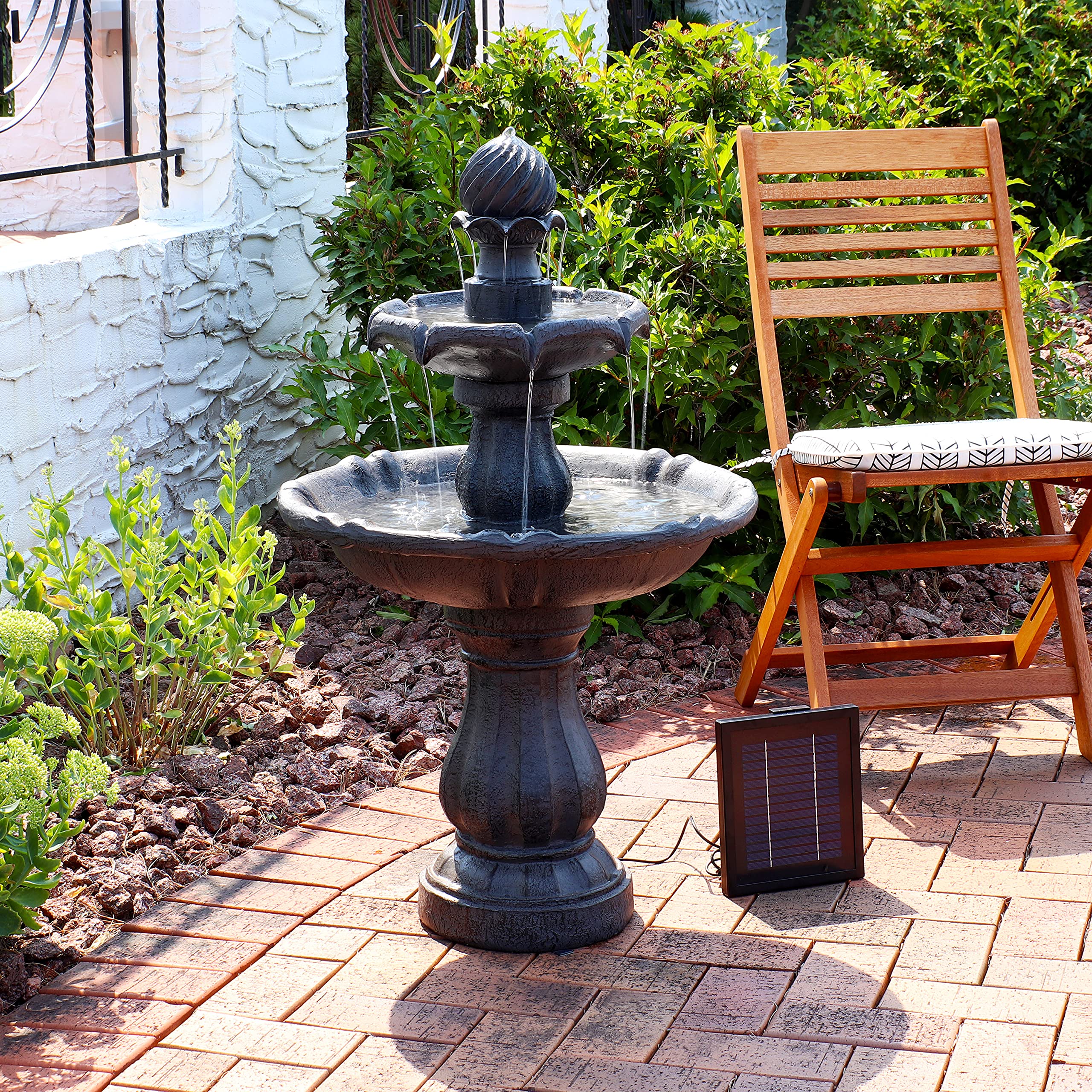 Sunnydaze 35-Inch 2-Tier Solar Water Fountain with Battery Backup - Outdoor Water Feature Pump for Garden, Patio, Yard Decor - Black
