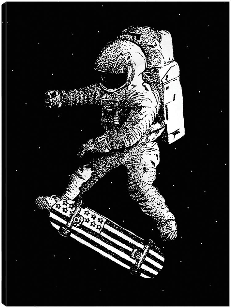 Kickflip in Space Canvas Wall Art - Modern Abstract Painting by Robert Farkas - Large 42x56 Inch Ready to Hang Artwork - Perfect for Living Room, Bedroom, Office Decor - Unique Space Skateboard Theme for Home & Commercial Spaces