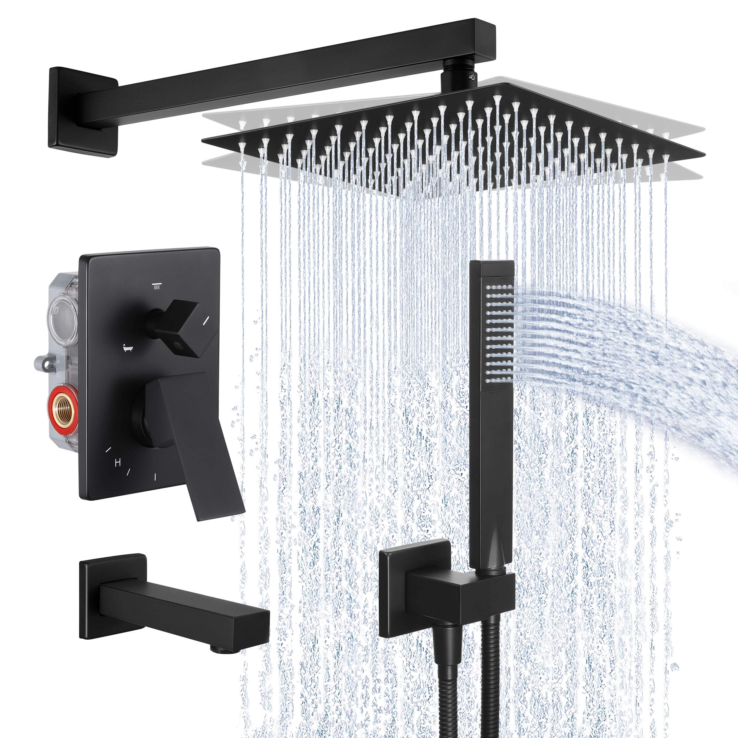 Premium KES Black Shower Faucet Set - Pressure Balancing Shower Valve Trim Kit with 10