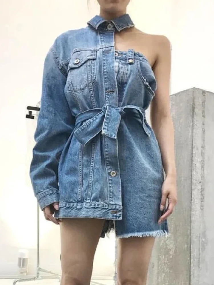 Women's Asymmetrical Patchwork Lace-Up Denim Mini Dress - One Shoulder Lapel Sleeve Design, Casual A-Line Dress for Party, Date Night & Summer Outfits