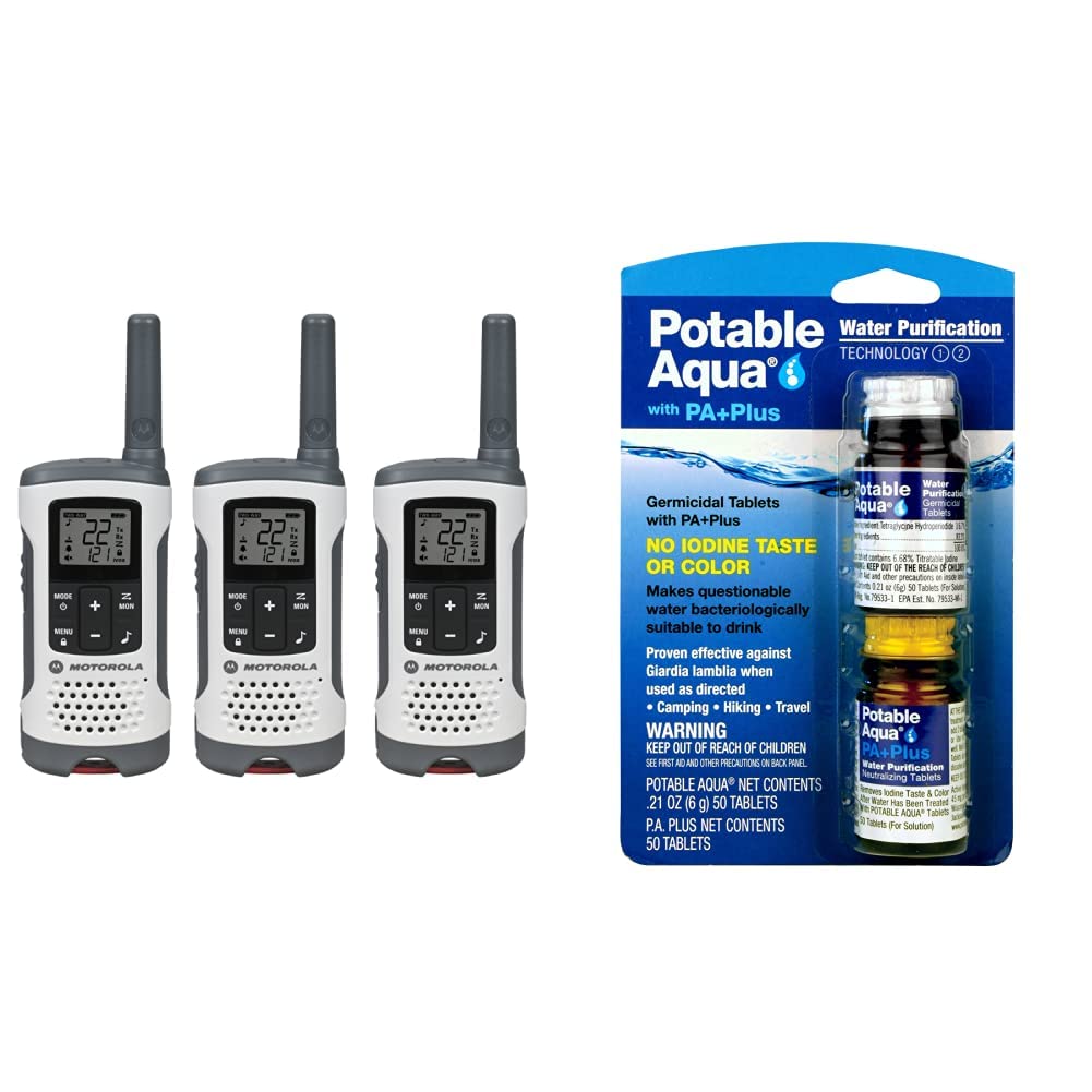 Motorola T260TP Talkabout Two-Way Radios 3-Pack & Potable Aqua Water Purification Tablets with PA Plus (100 Tablets) - Emergency Preparedness Kit for Camping, Hiking, and Outdoor Adventures