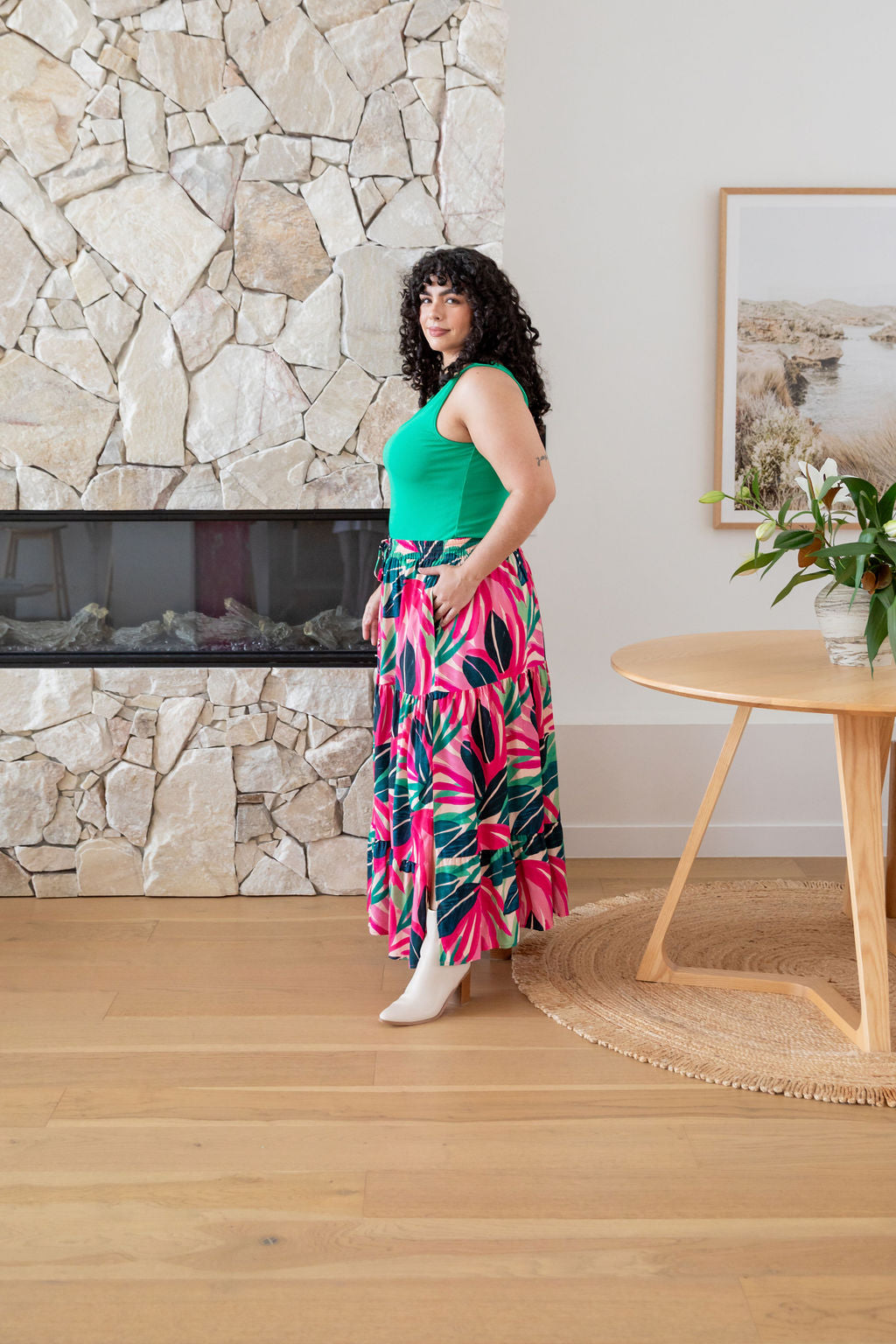Carrie Skirt in Jungle Pink - Women's Floral A-Line Midi Skirt with Pockets | Perfect for Spring Outfits, Office Wear & Casual Dates