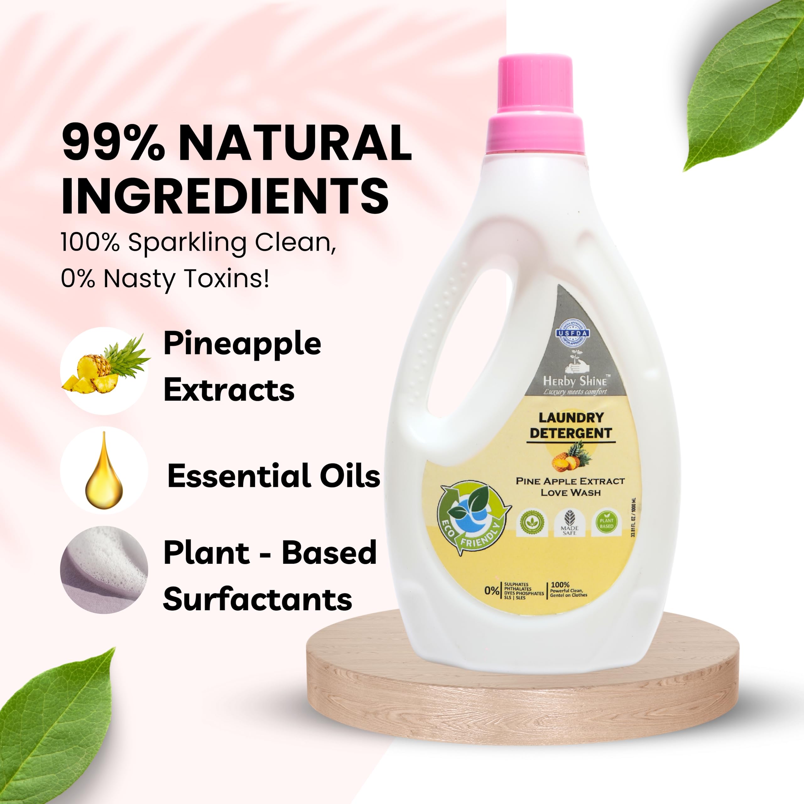 HerbyShine Liquid Laundry Detergent 1 Liter - Top Load & Front Load Washing Machine Safe, pH Balanced Formula with Pineapple Fragrance | Gentle on Clothes, Ideal for Everyday Laundry & Stain Removal