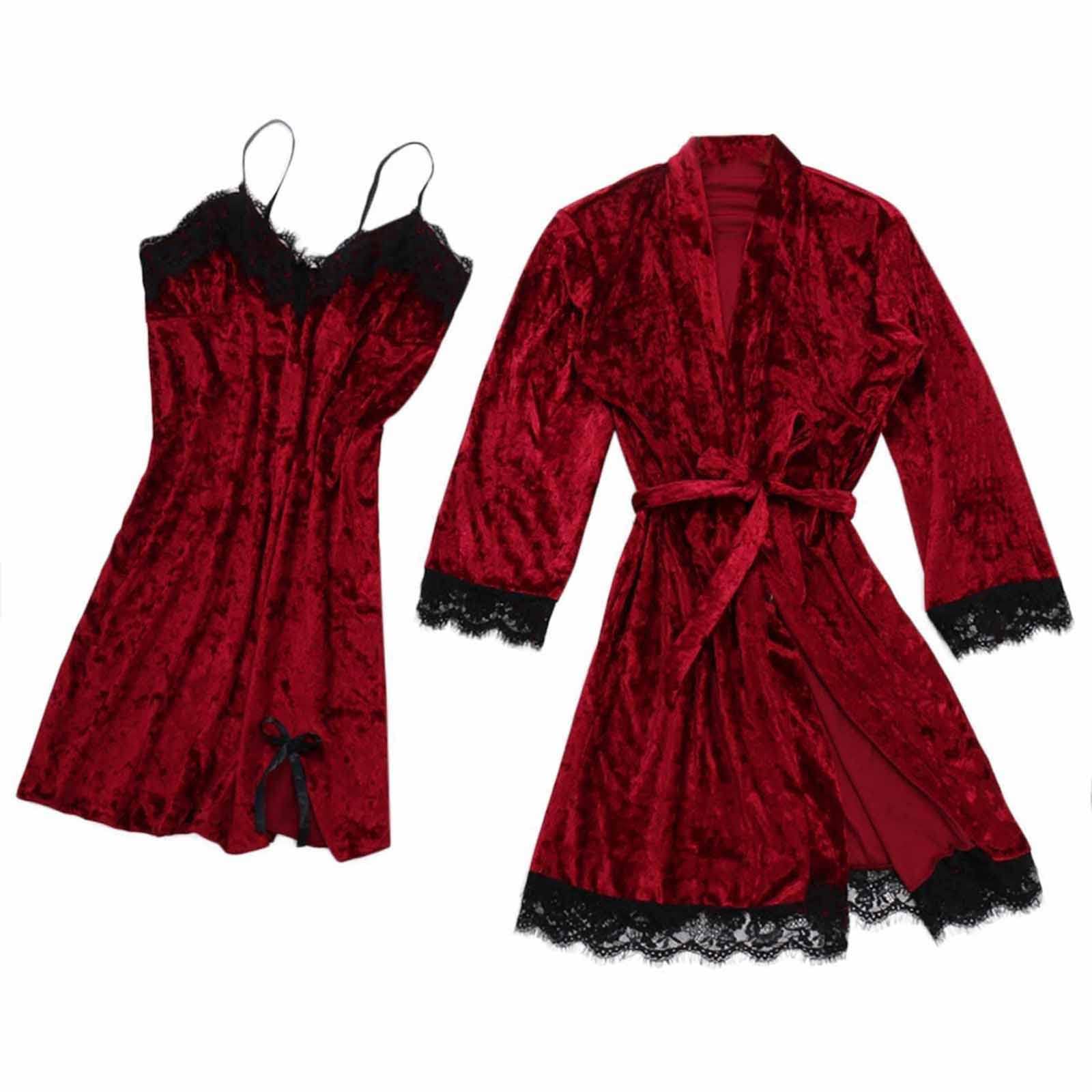 Sexy Lace Trim Velvet Sleepwear Set - 2PC Women's Cami Dress & Long Sleeve Coat Nightgown | Soft Comfortable Pajamas for Lounge, Sleep & Romantic Nights | Perfect Gift for Girlfriend, Wife & Women