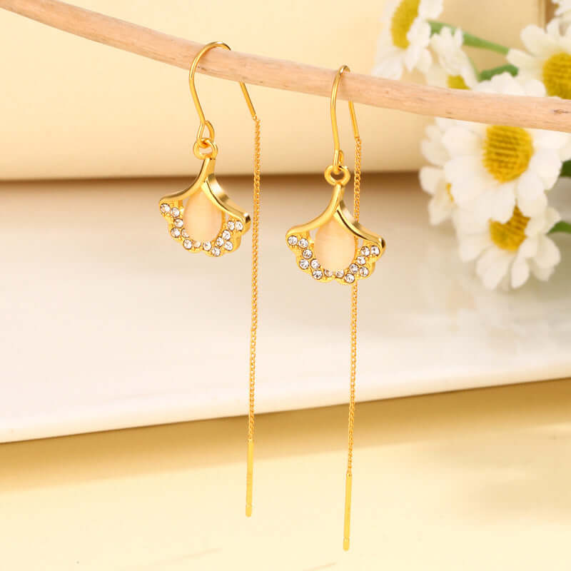 14K Gold Plated Ginkgo Leaf Threader Earrings for Women - Dainty Minimalist Threading Ear Jewelry - Perfect for Everyday Wear, Date Night & Special Occasions