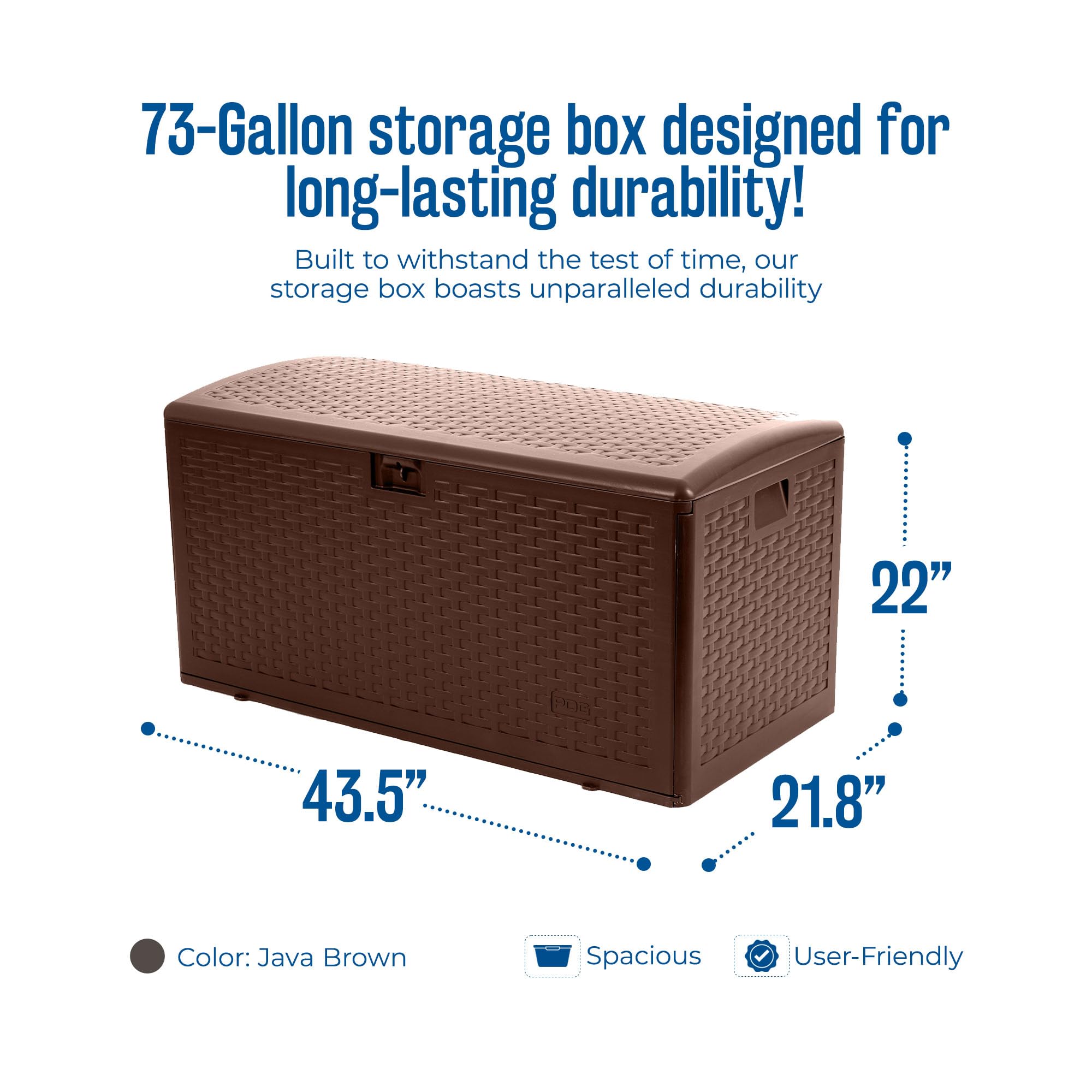Outdoor Storage Deck Box 73 Gallon with Standard Closure - Durable Plastic Deck Box for Patio, Garden & Backyard Organization - Weatherproof Java Brown Deck Storage Container