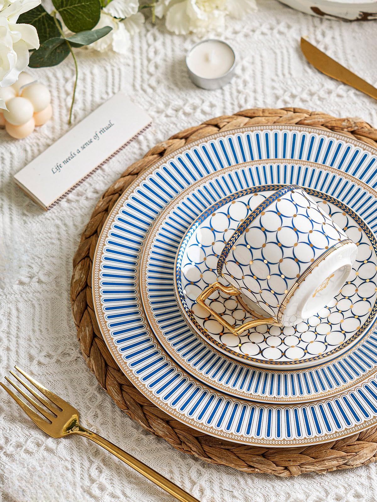 Elegant European Style Ceramic Coffee Cup and Saucer Set - 7 Oz Bone China Tea Cup with Blue Gold Glaze, Includes Golden Spoon - Perfect for Cappuccino, Latte & Tea - Ideal Women's Gift (4-Pack Set) - Great for Home, Office, Cafe or Romantic Gifts