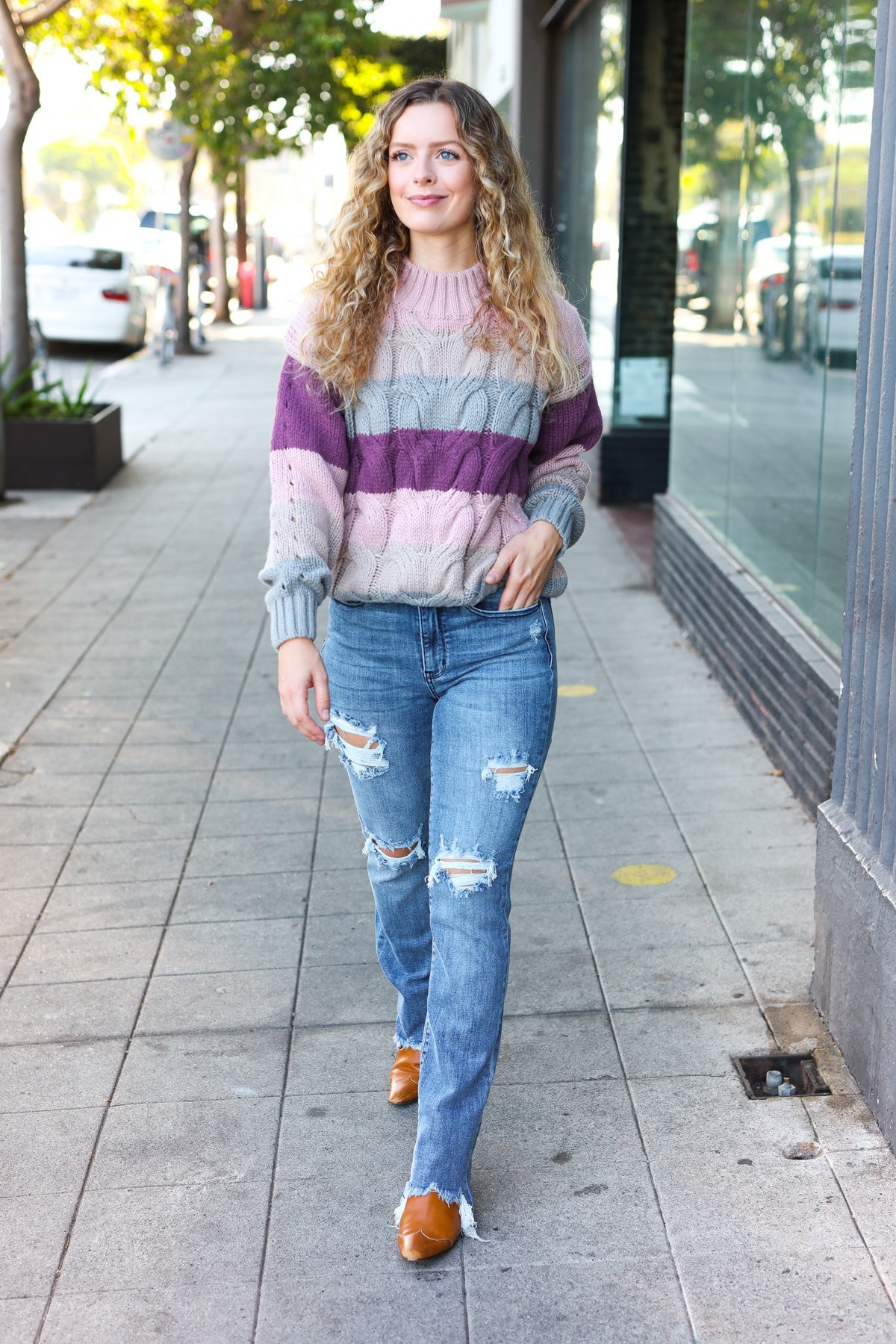 Fall For You Mauve Multicolor Stripe Cable Knit Mock Neck Sweater | Women's Cozy Winter Pullover | Perfect for Christmas, Holiday Parties & Casual Outings