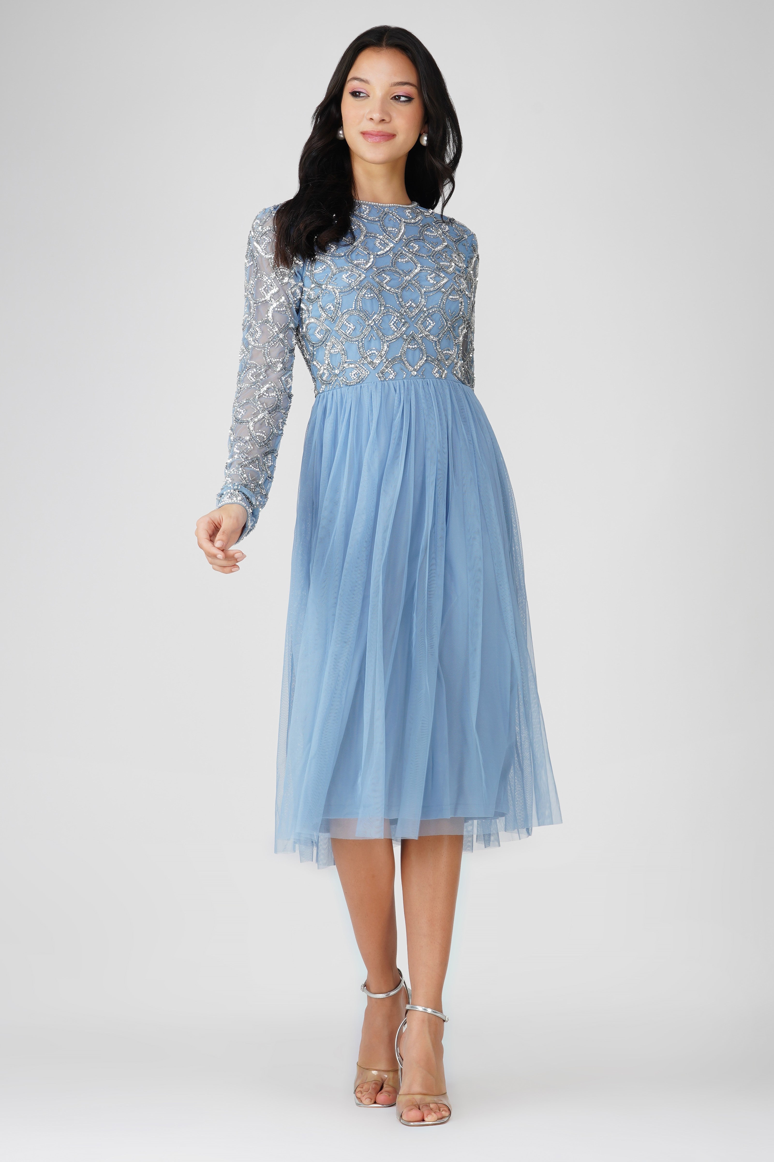 Powder Blue Mandarin Embellished Midi Dress for Women - Elegant Floral Print Party & Wedding Guest Dress