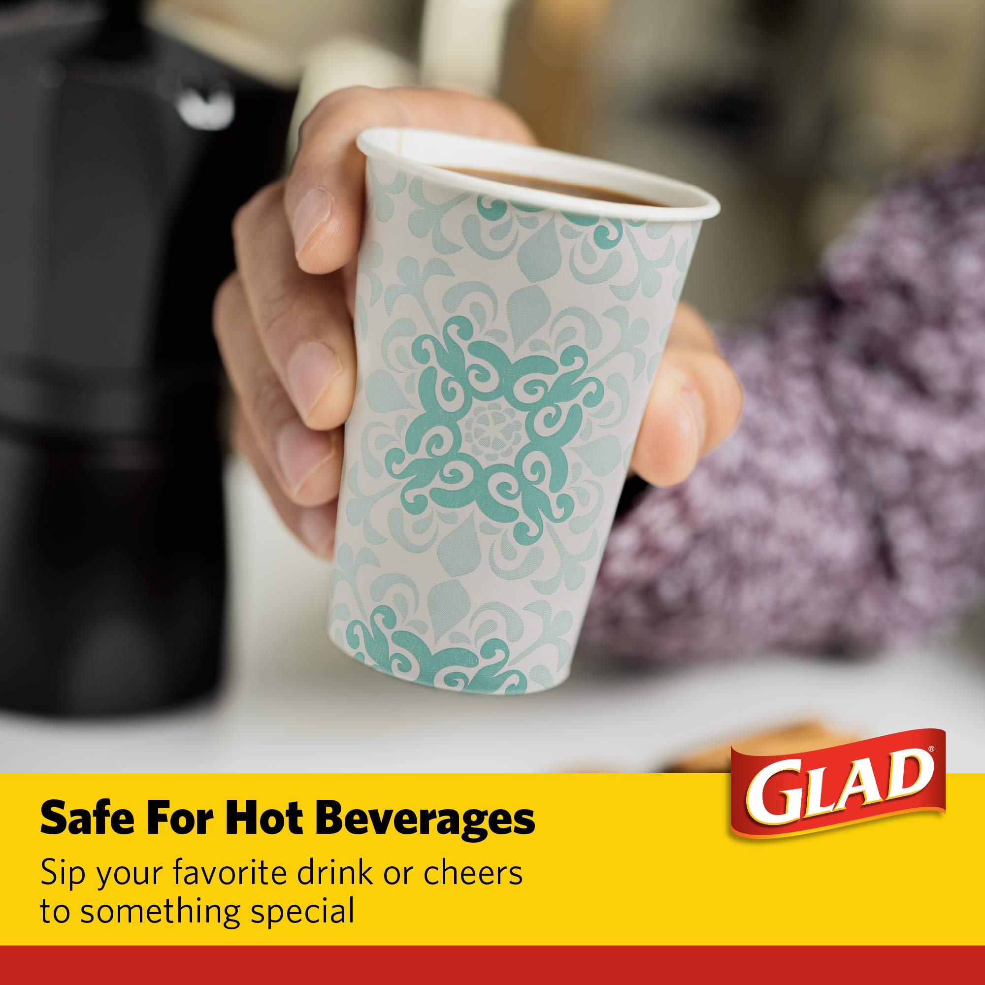 Glad Printed Disposable Paper Plates and Cups Set - 50 Count Heavy Duty Square Plates & Victorian Design Cups for Parties, Picnics, BBQs, and Events | Eco-Friendly Disposable Tableware
