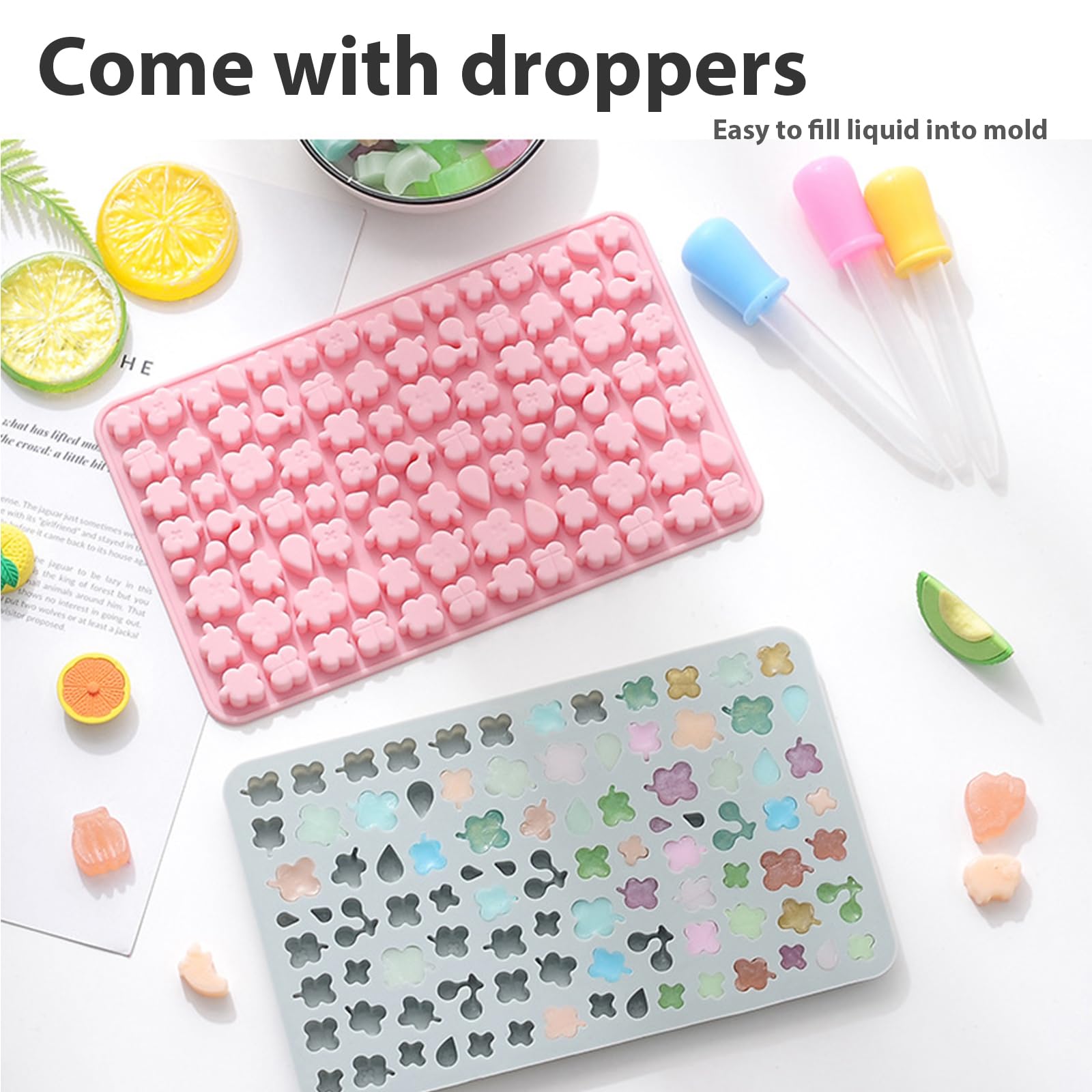 Premium Non-Stick Silicone Candy Molds - 4 Pack with 2 Droppers for Gummy Bears, Chocolate & Gelatin (260 Designs: Alpaca, Clover, Animals, Rainbow & Cloud) - Perfect for DIY Candy Making, Birthday Parties & Baking Decorations