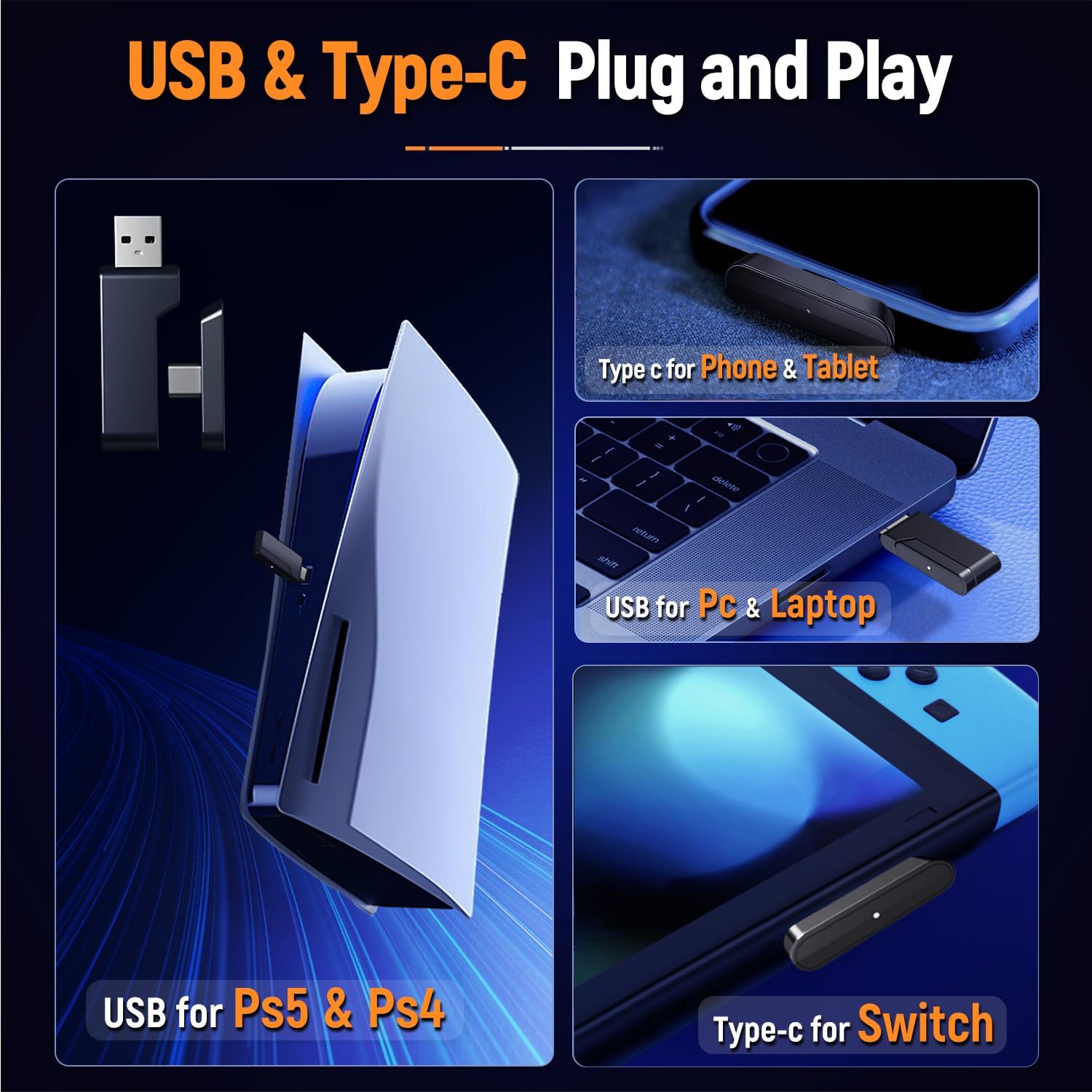 2.4GHz Wireless Gaming Headset with Microphone - 30H Battery, RGB Lighting, USB/Type-C Dongle for PS5, PS4, PC, Mobile - Perfect for Competitive Gaming & Late-Night Sessions