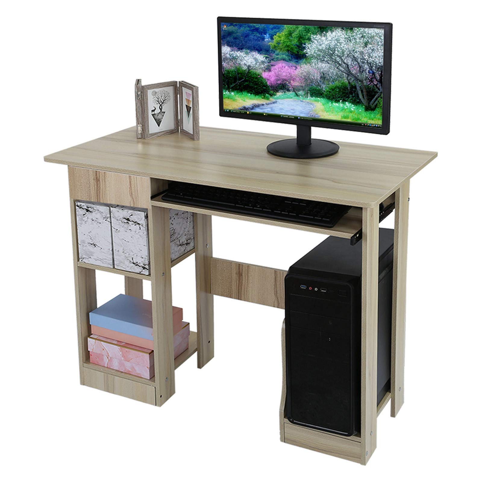 Pink Modern Computer Desk with Keyboard Tray & Storage Drawers - 90×48×70cm Writing Workstation for Girls, Recording Studio Table, PC Laptop Desk with Hutch - Perfect for Home Office, Gaming Setup & Study Room Organization
