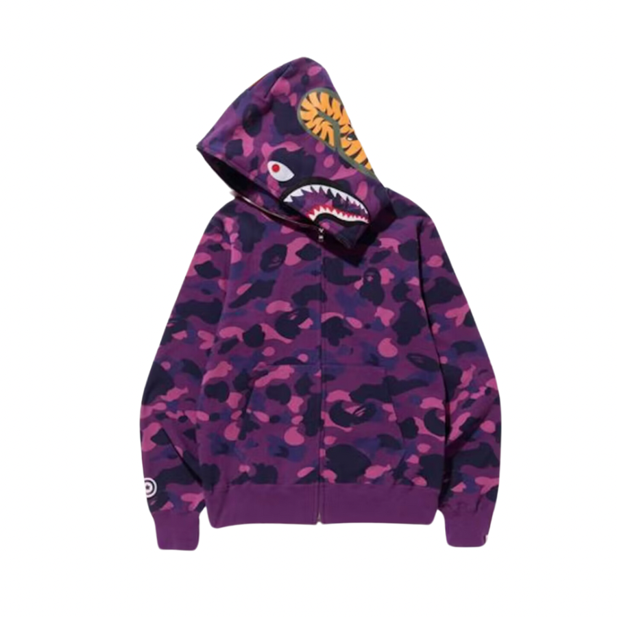 BAPE Color Camo Shark Full Zip Hoodie - Purple & Black Streetwear for Men | Urban Fashion & Casual Wear