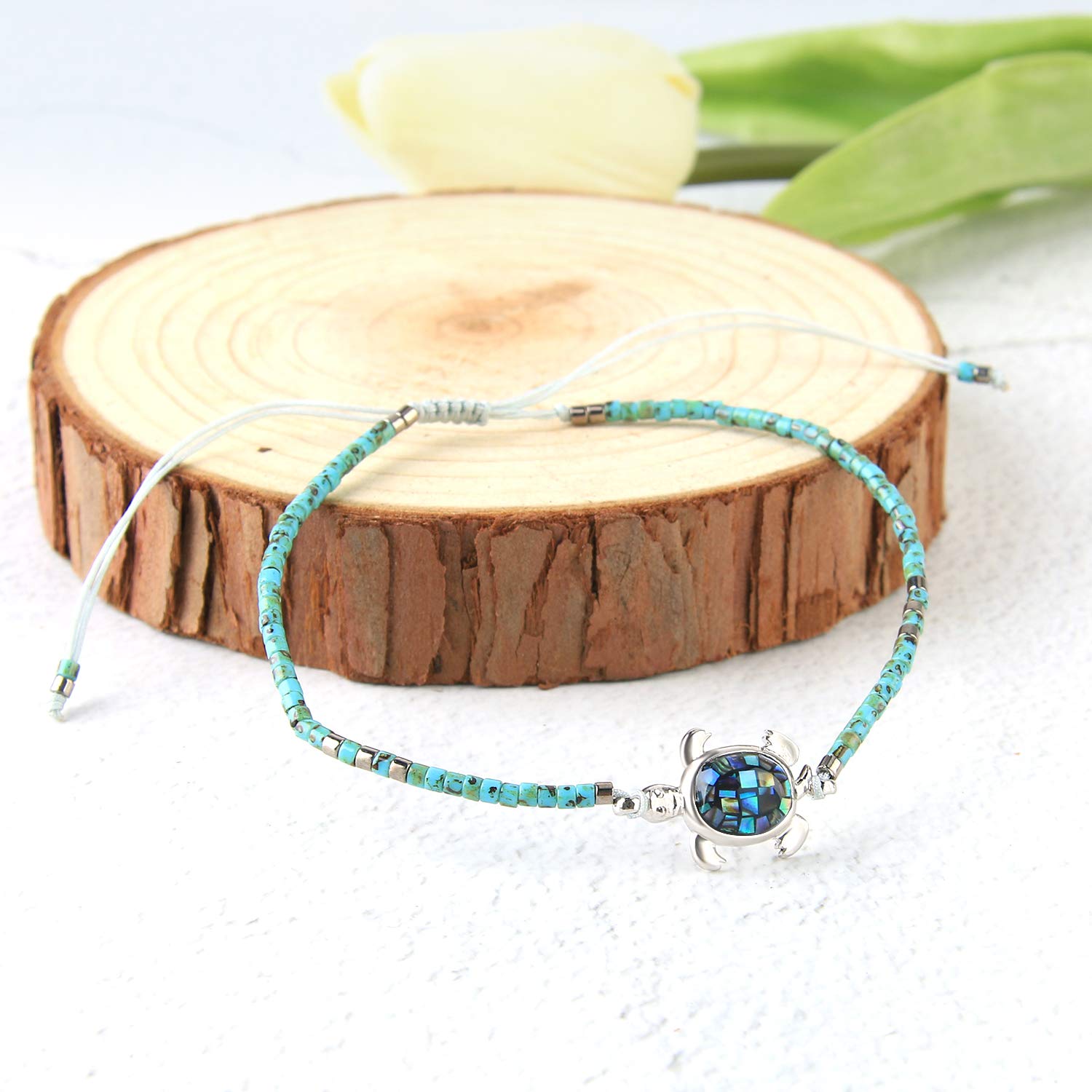 KELITCH Crystal Turtle Charm Bracelet - Miyuki Beaded Thin Strand Friendship Bracelet for Women - Adjustable Multi Color Handmade Jewelry - Perfect for Gifts, Boho Style & Everyday Wear