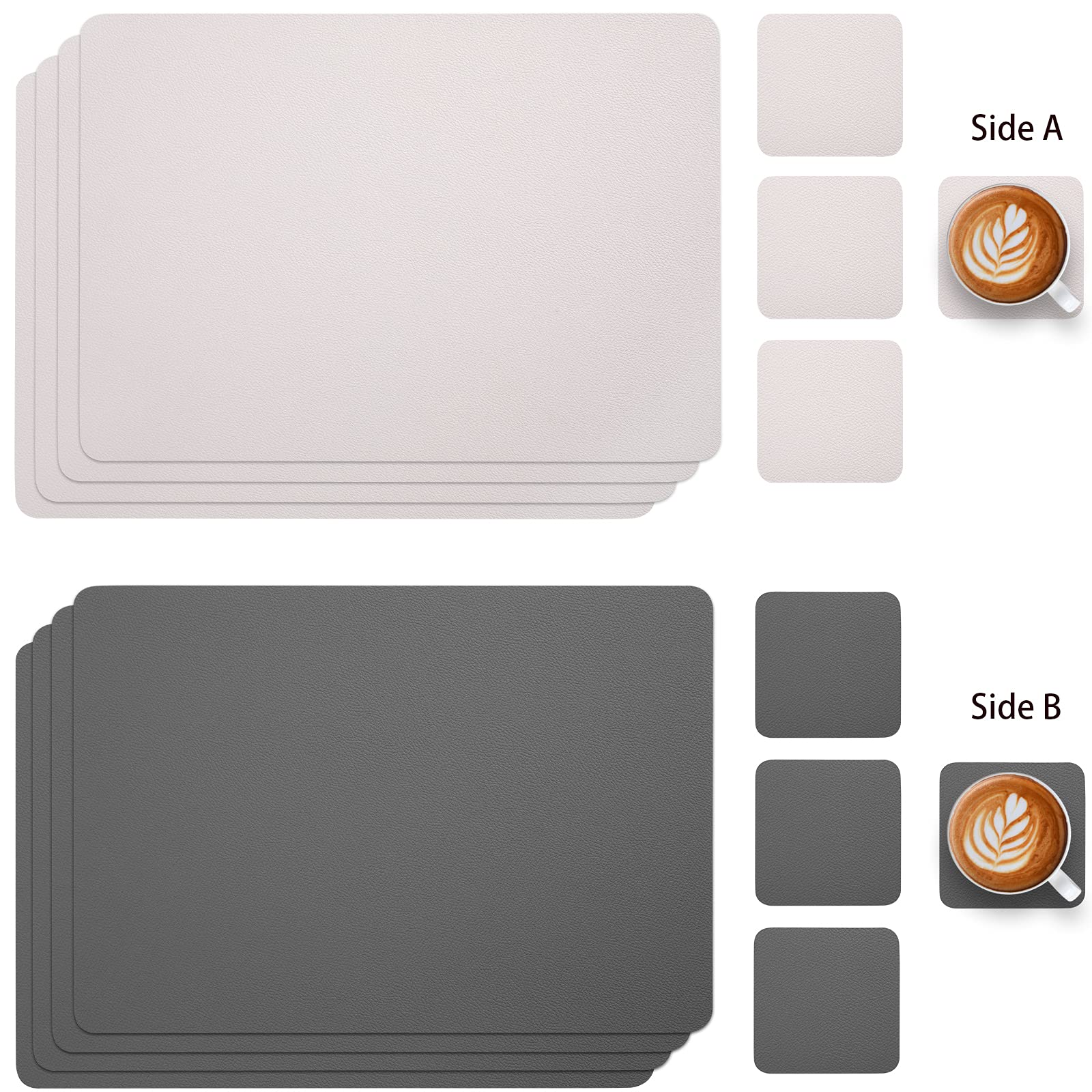 Myir JUN Faux Leather Placemats Set of 6 with Coasters - Dual Sided Waterproof & Stain Resistant Table Mats for Dining Room, Kitchen, Office - Gray Beige Home Decor (6 Pieces)