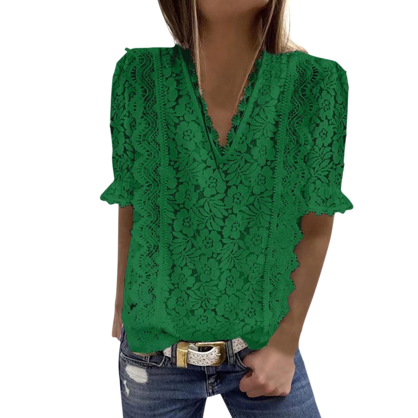 Women's Lace V-Neck Tunic Tank Top - Casual Short Sleeve Blouse for Summer | Perfect for Beach, Office & Date Night Outfits