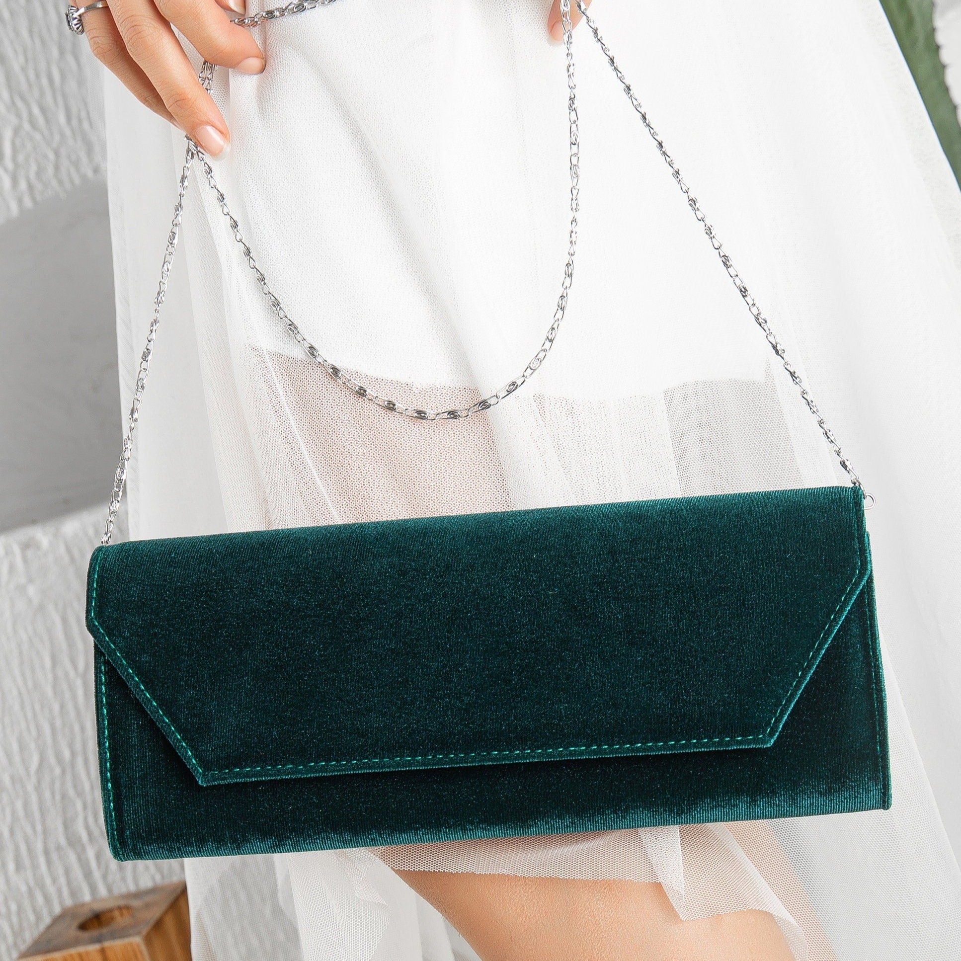 Scarlett Green Velvet Clutch Bag for Women - Elegant Evening Purse for Parties, Weddings & Special Occasions