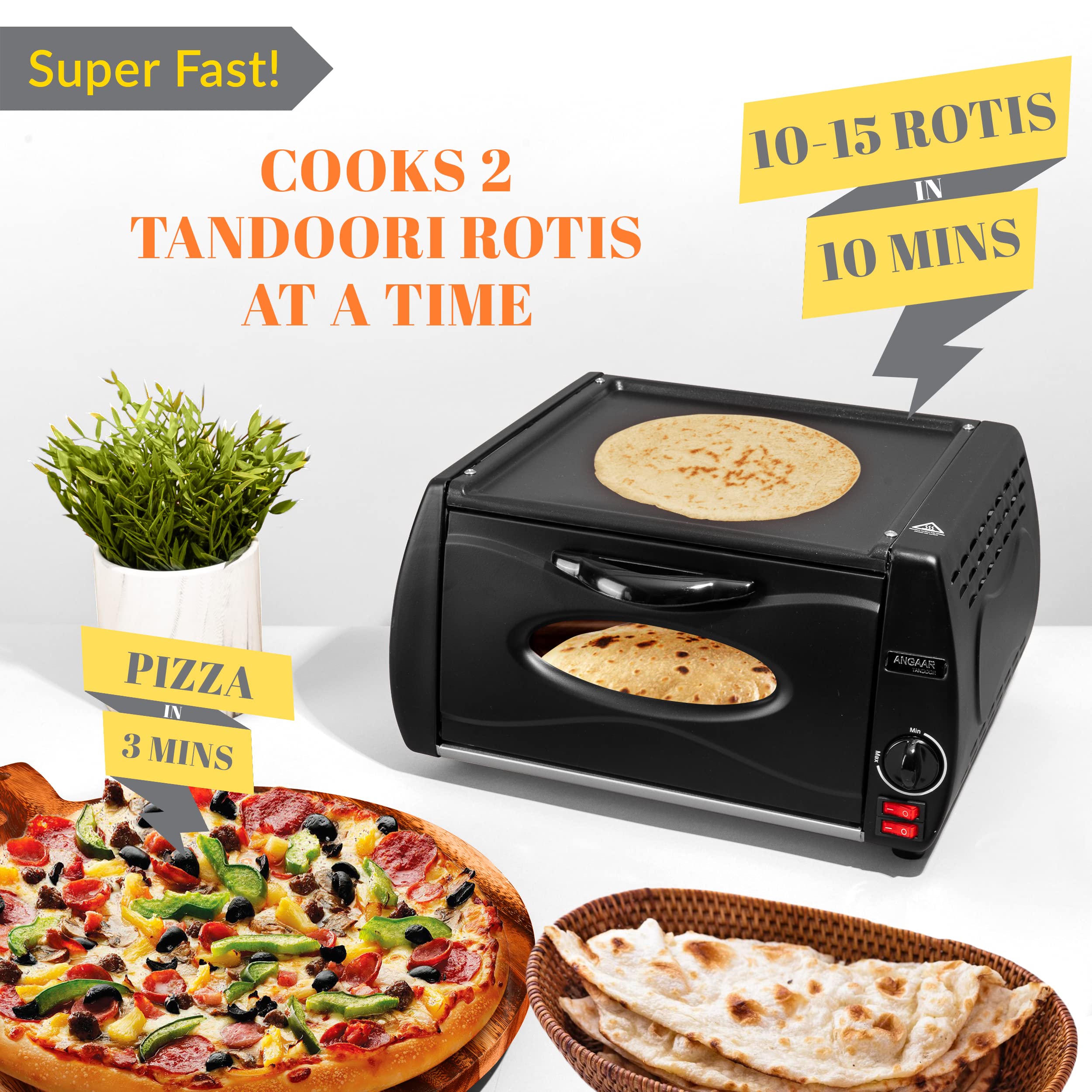 Mini Tandoor Oven - Electric Angaar Tandoor & 4-Minute Pizza Maker | Portable Tabletop Oven for Tandoori Roti, Naan, Kebabs & More | Perfect for Home Kitchens, Outdoor Cooking & Indian Cuisine Lovers