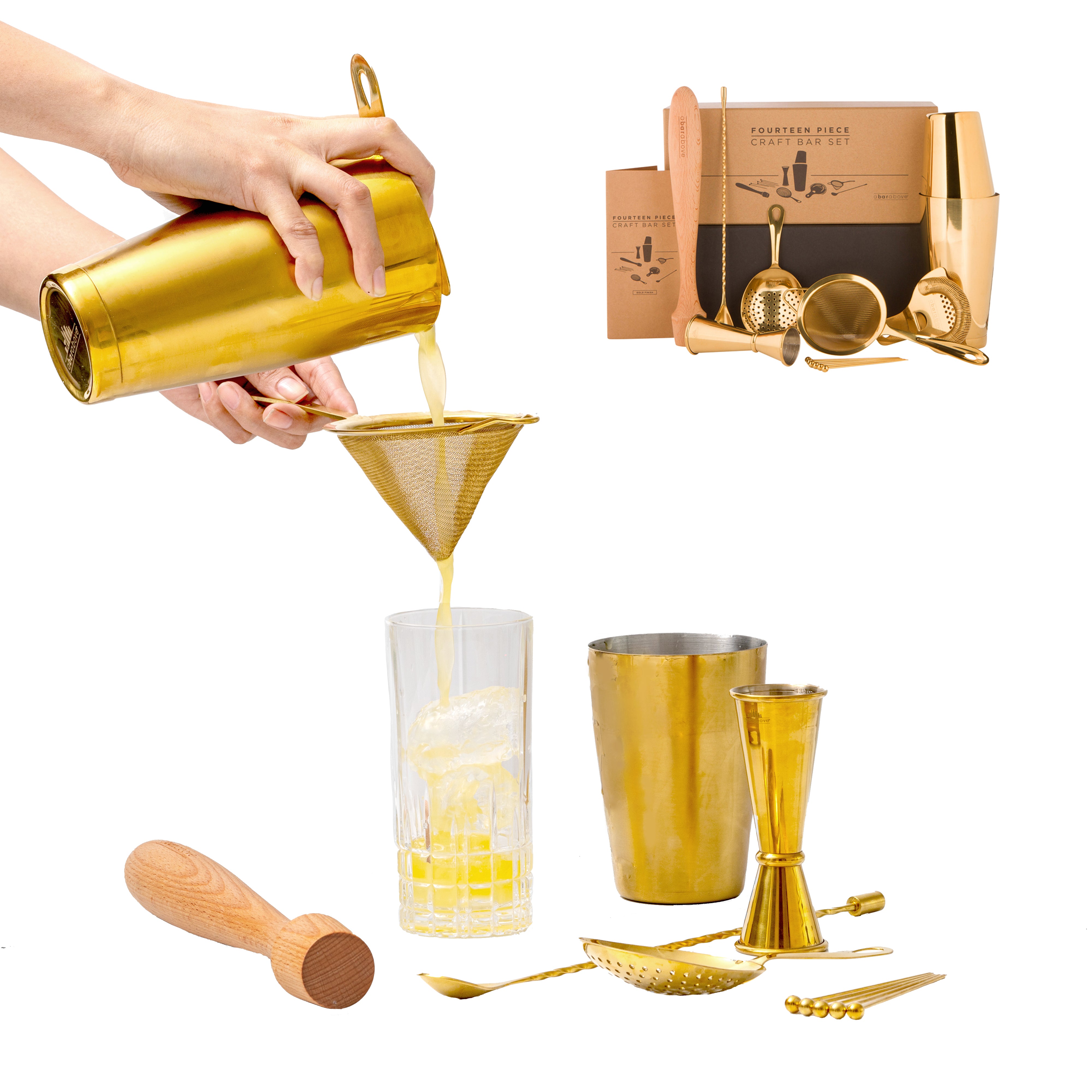Premium 14-Piece Gold Mixologist Bar Set - Cocktail Shaker, Jigger, Strainer & More - Perfect for Home Bars, Parties & Professional Bartenders
