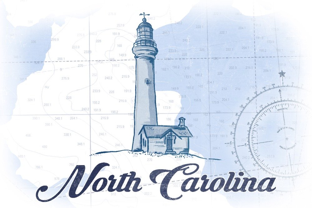 North Carolina Lighthouse Blue Coastal Icon 70623 - 24x36 Signed Print Master Art Print, Wall Decor Poster for Beach House, Coastal Living Room & Nautical Themed Bedroom