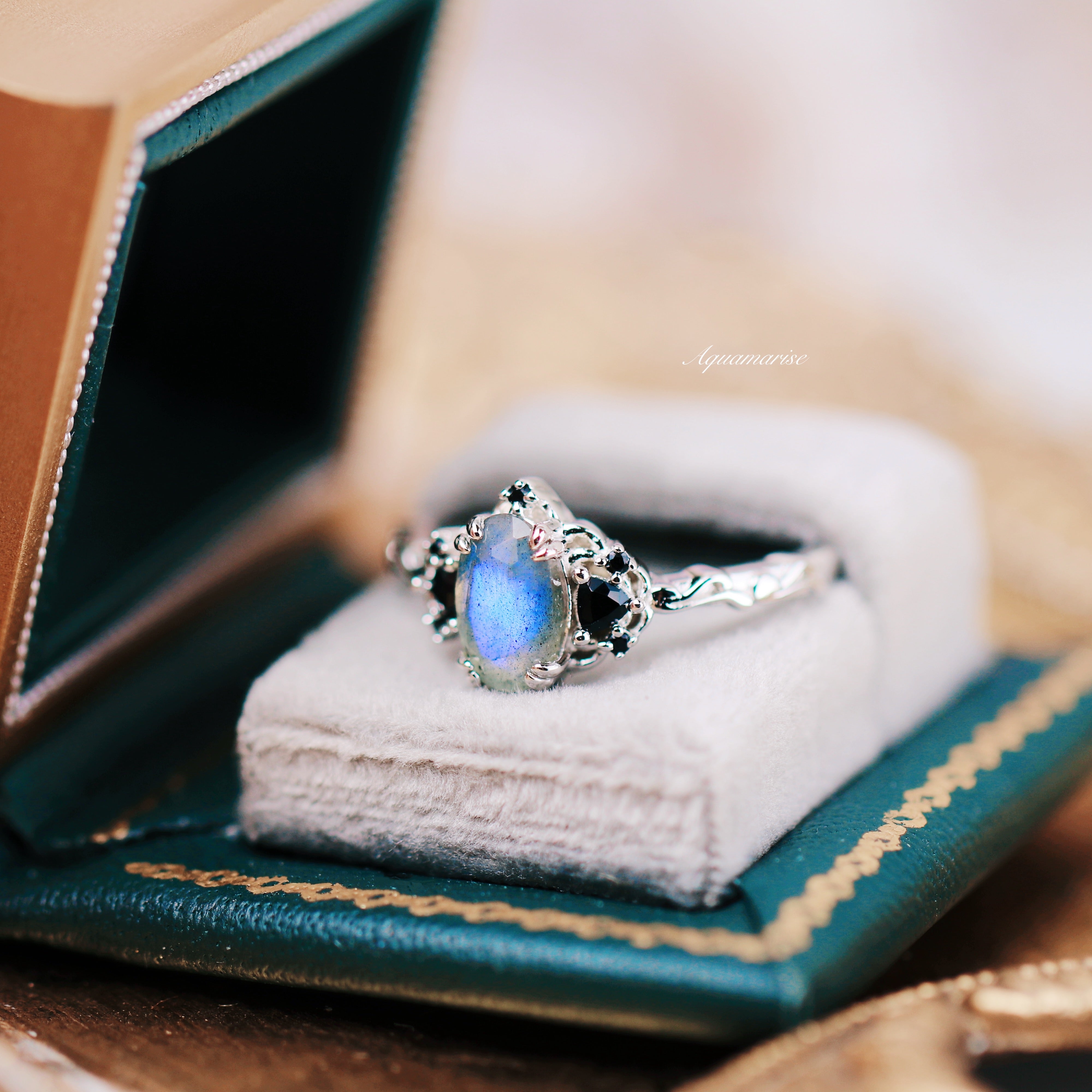 14K White Gold Labradorite & Black Onyx Ring for Women - Elegant Gemstone Jewelry for Everyday Wear, Gift Giving & Special Occasions