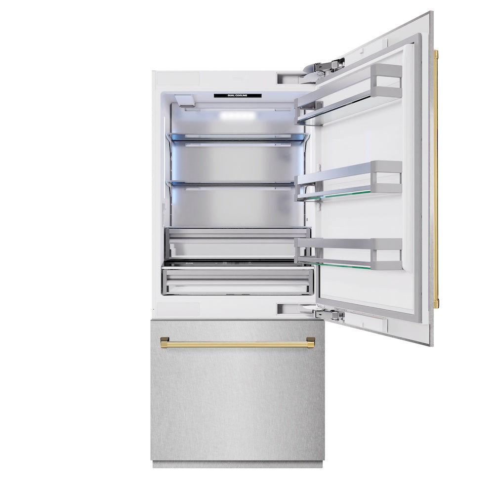 ZLINE Autograph Edition 36 Inch Built-In Bottom Freezer Refrigerator - 19.8 cu.ft Capacity, Water Dispenser & Ice Maker - Satin Stainless Steel with Polished Gold Accents (RBITZ SN 36 G) - Perfect for Modern Kitchens, Open Concept Homes & Luxury Appliances Collection