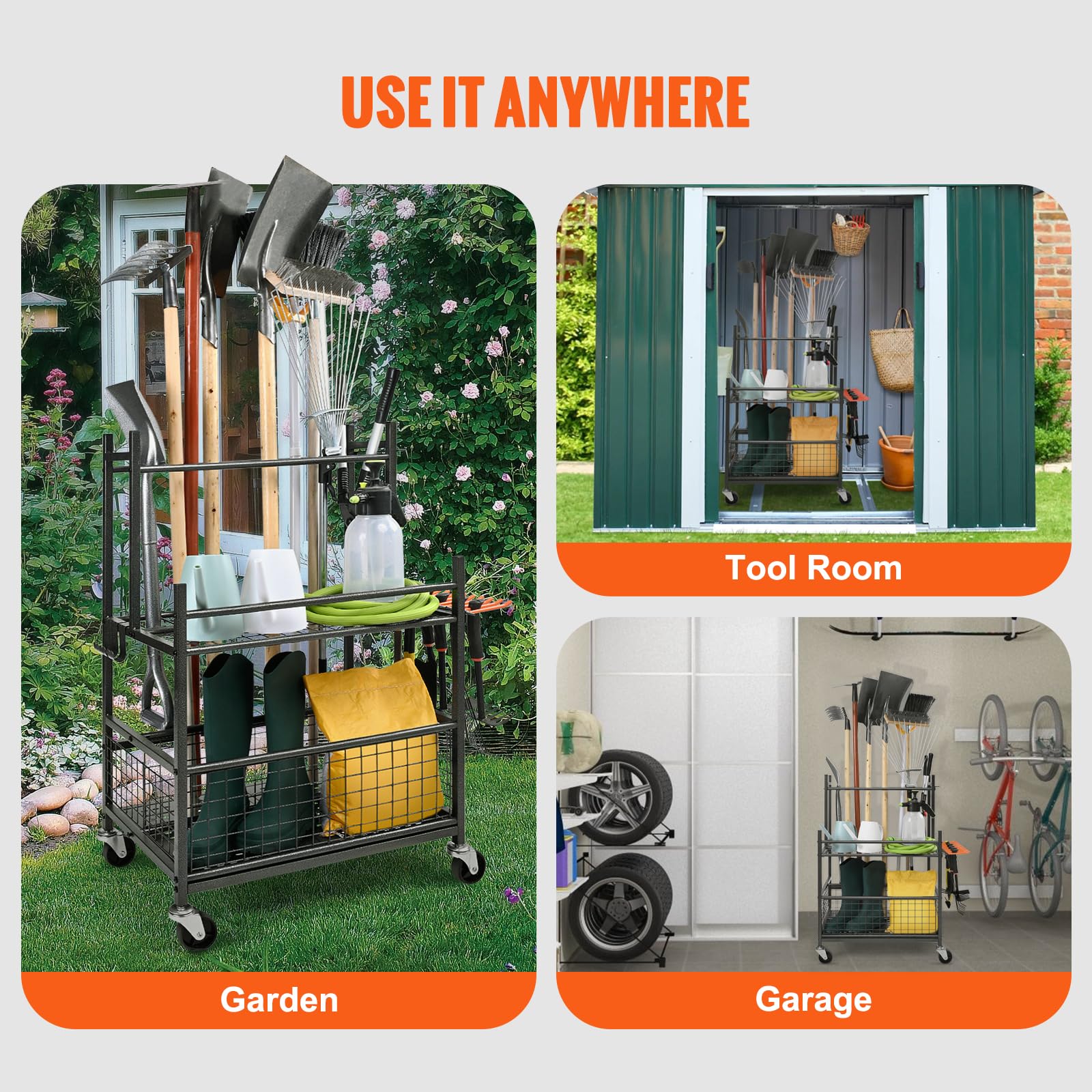 VEVOR 16-Slot Garden Tool Organizer with Hooks & Wheels - Heavy Duty Metal Yard Tool Tower Rack for Garage, Shed & Outdoor Storage - Perfect for Long-Handled Tools, Rakes & Brooms - Ideal for Home, Farm and Garden Organization