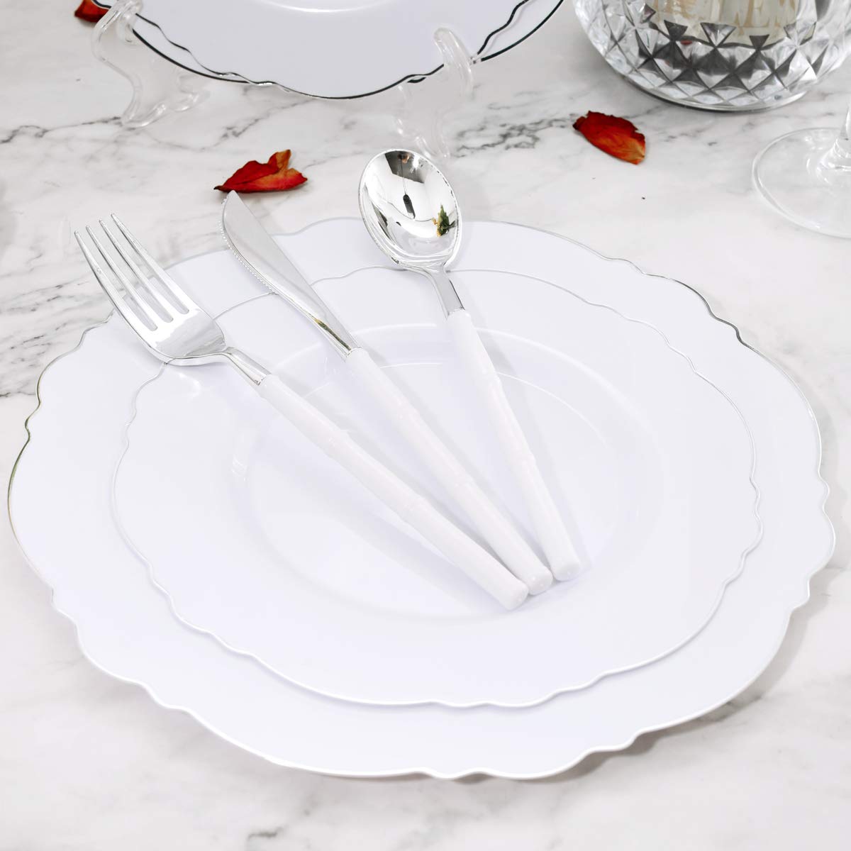100-Piece Silver Plastic Plates Set - Elegant Baroque Design for Upscale Parties & Weddings - Includes 50 Dinner Plates (10.25