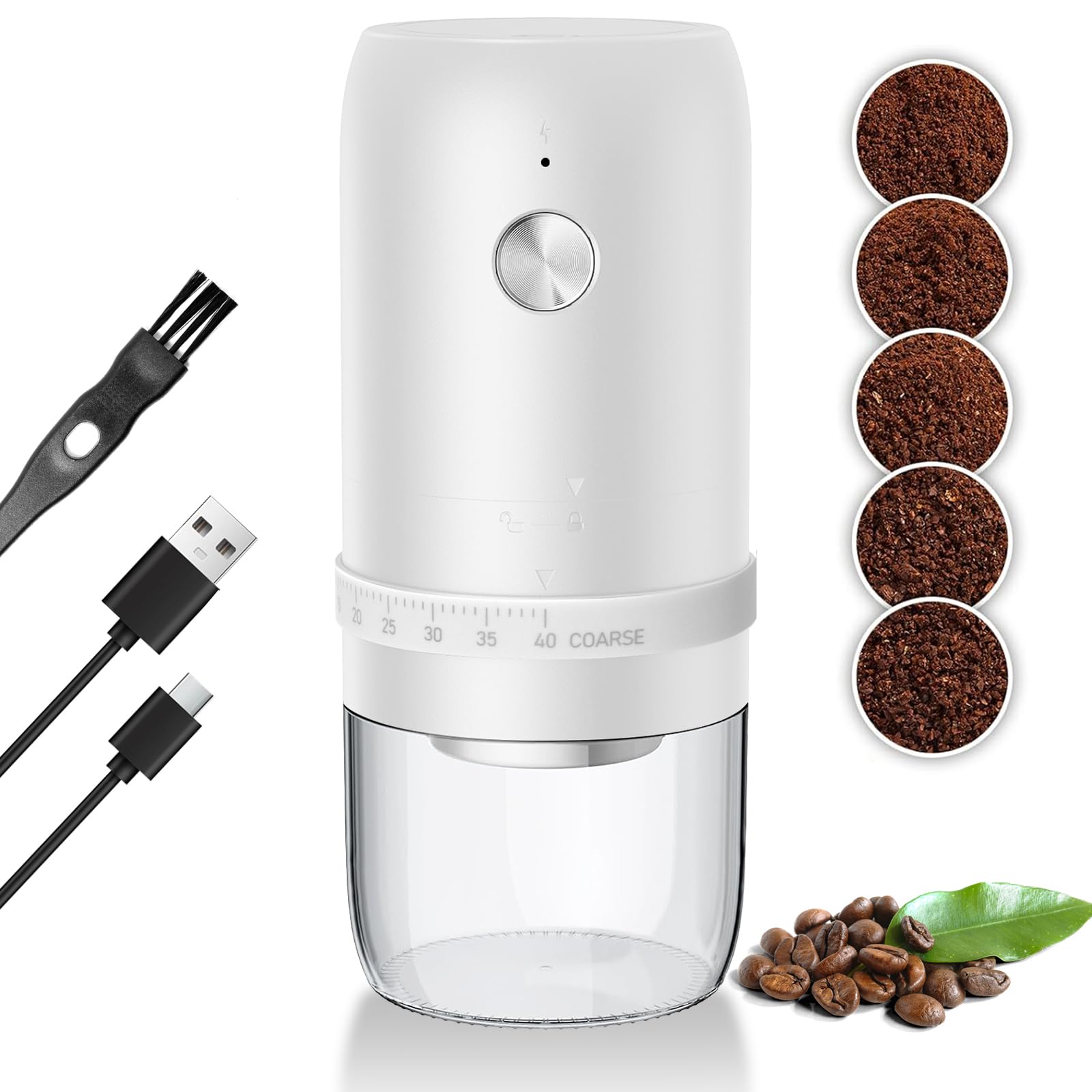 Premium Electric Burr Coffee Grinder - 40 Adjustable Settings, Rechargeable Conical Burr Mill with Cleaning Brush - Perfect for Home, Office, Travel & Camping (White) - Enjoy Fresh Ground Coffee Anywhere
