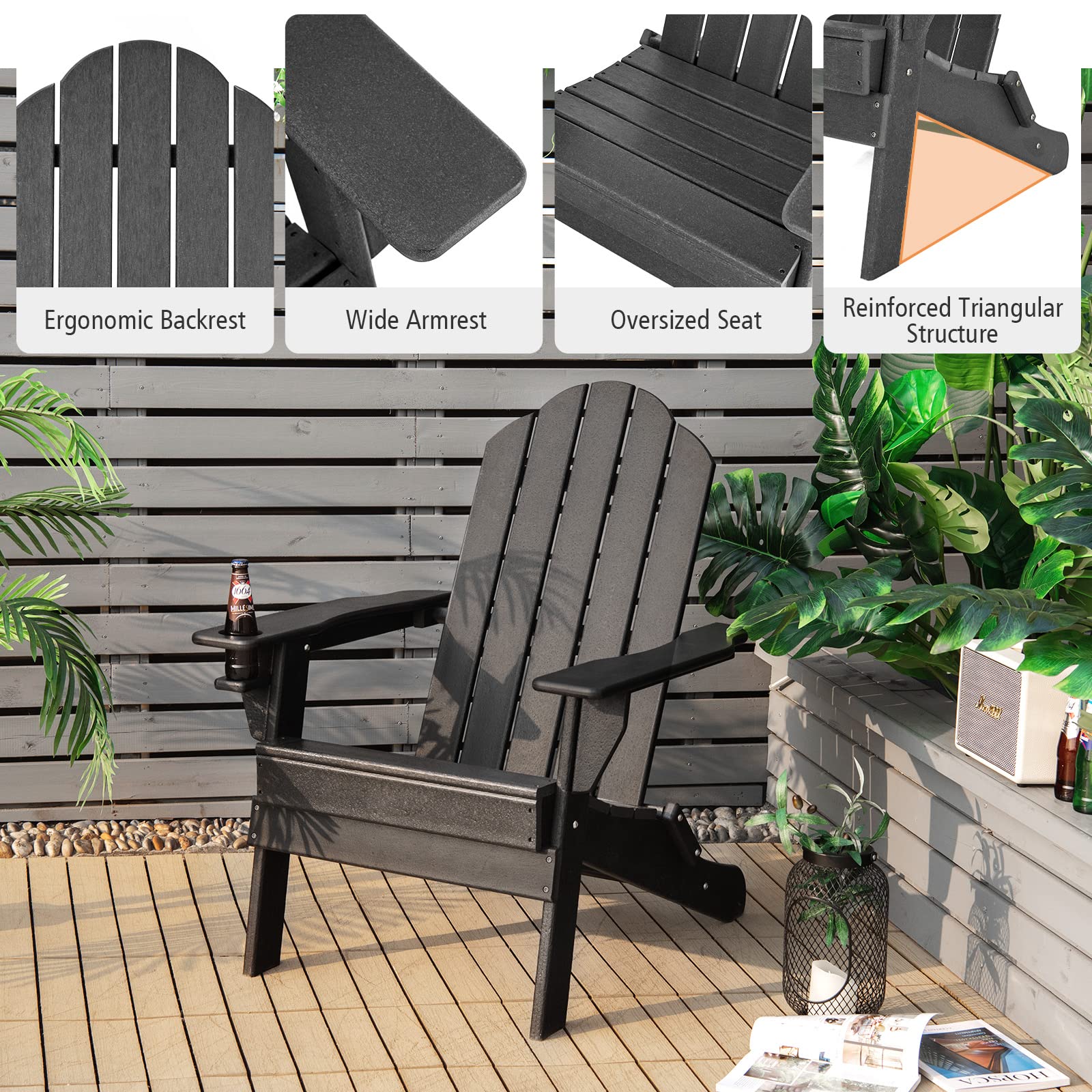 **Giantex Adirondack Chair - Outdoor Folding Patio Chair with Cup Holder, HDPE Weather-Resistant, Lightweight & Durable for Backyard, Deck, Garden, Poolside, Camping (Black, 1-Pack)**    *Perfect for relaxing by the fire pit, hosting outdoor gatherings, or enjoying a sunny afternoon with a cold drink.*