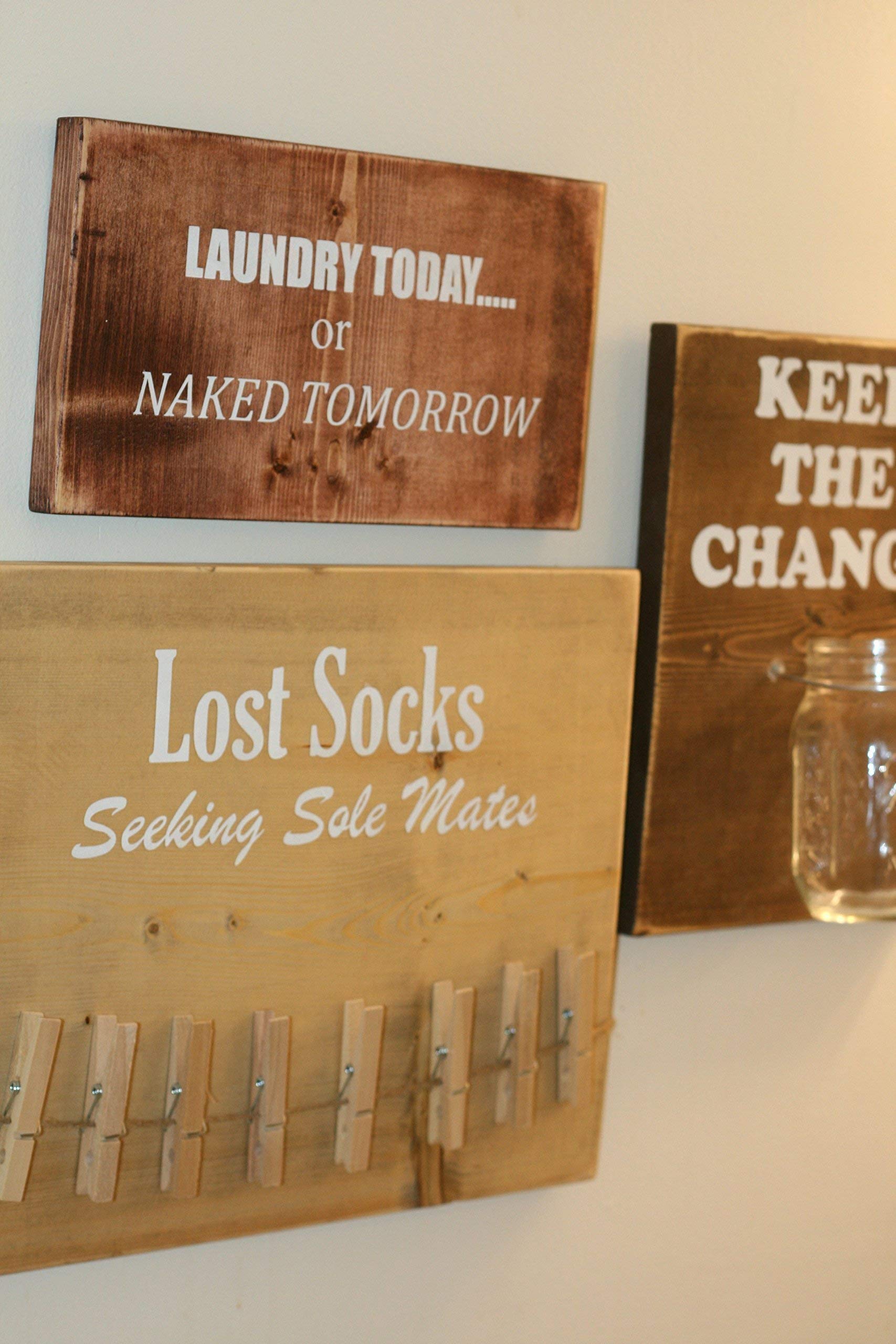 Funny Laundry Room Signs Set of 3 - Lost Socks, Keep The Change & Laundry Today or Naked Tomorrow - Humorous Wall Decor for Laundry Room, Bathroom or Housewarming Gift