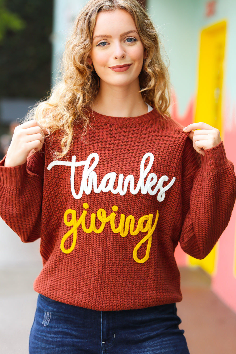 Cozy Thanksgiving Pop Up Embroidery Chunky Sweater - Women's Holiday Knit Pullover for Family Gatherings & Fall Festivities