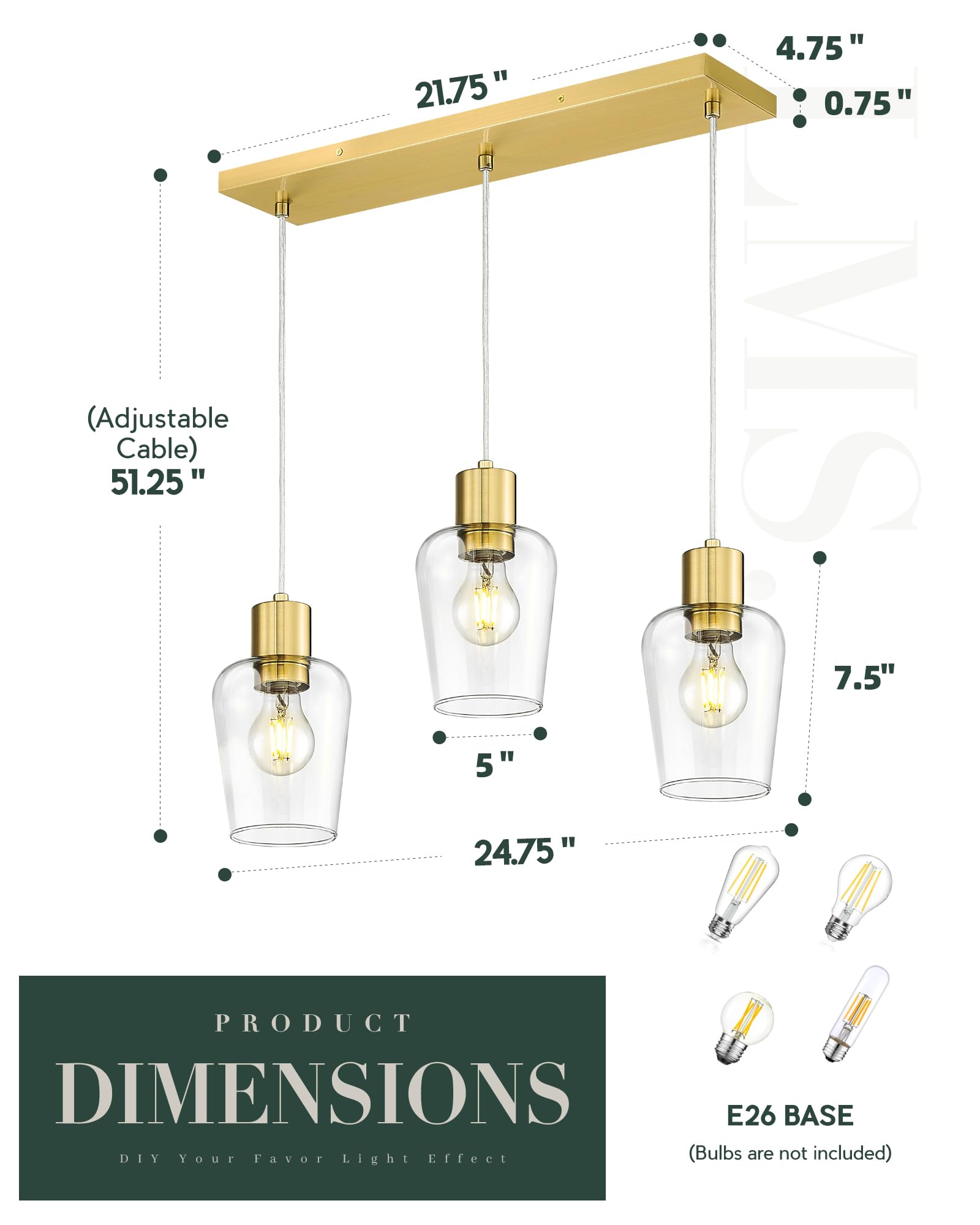 Brushed Gold 3-Light Linear Chandelier - Farmhouse Style Kitchen Island Pendant Lighting with Clear Glass Shade - Perfect for Dining Room, Breakfast Nook & Modern Farmhouse Decor (Model: LMS-123SPL-BG3)