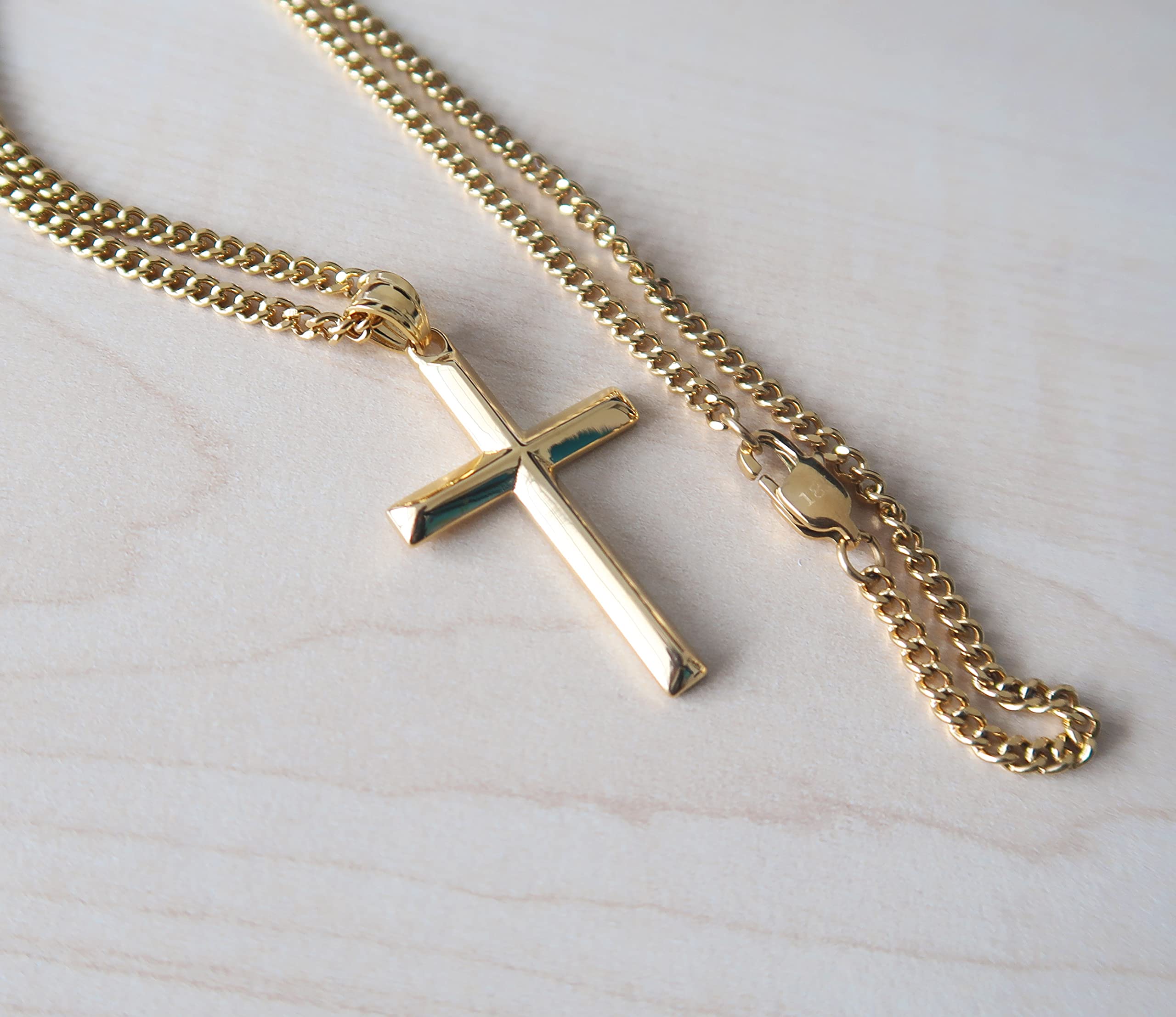 14K Gold Small Cross Pendant Necklace for Women & Men - Thin Religious Jewelry with Diamond Cut Beveled Edge & Secure Clasp - Perfect for Gifts, Weddings, Baptisms & Everyday Wear