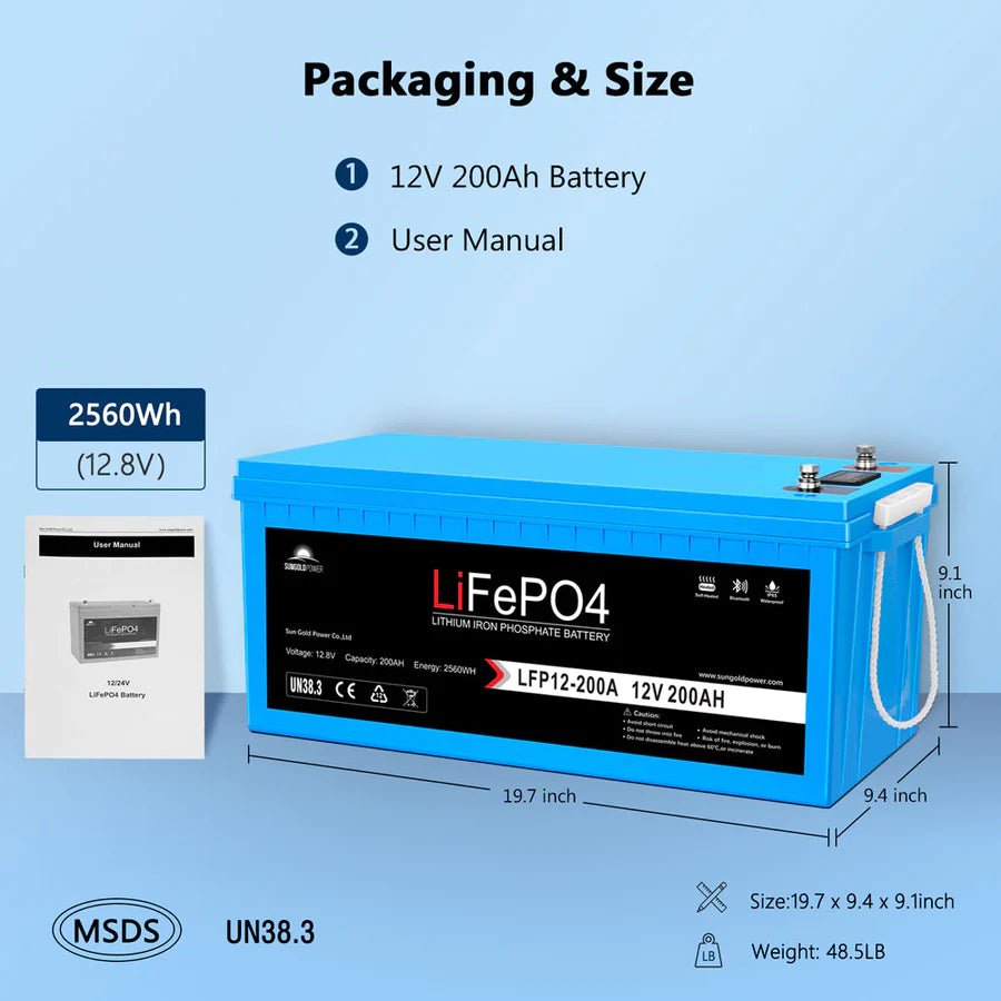 SunGoldPower 12V 200AH LiFePO4 Deep Cycle Lithium Battery with Bluetooth, Self-Heating & IP65 - Perfect for RVs, Solar Systems, Marine & Off-Grid Power Storage