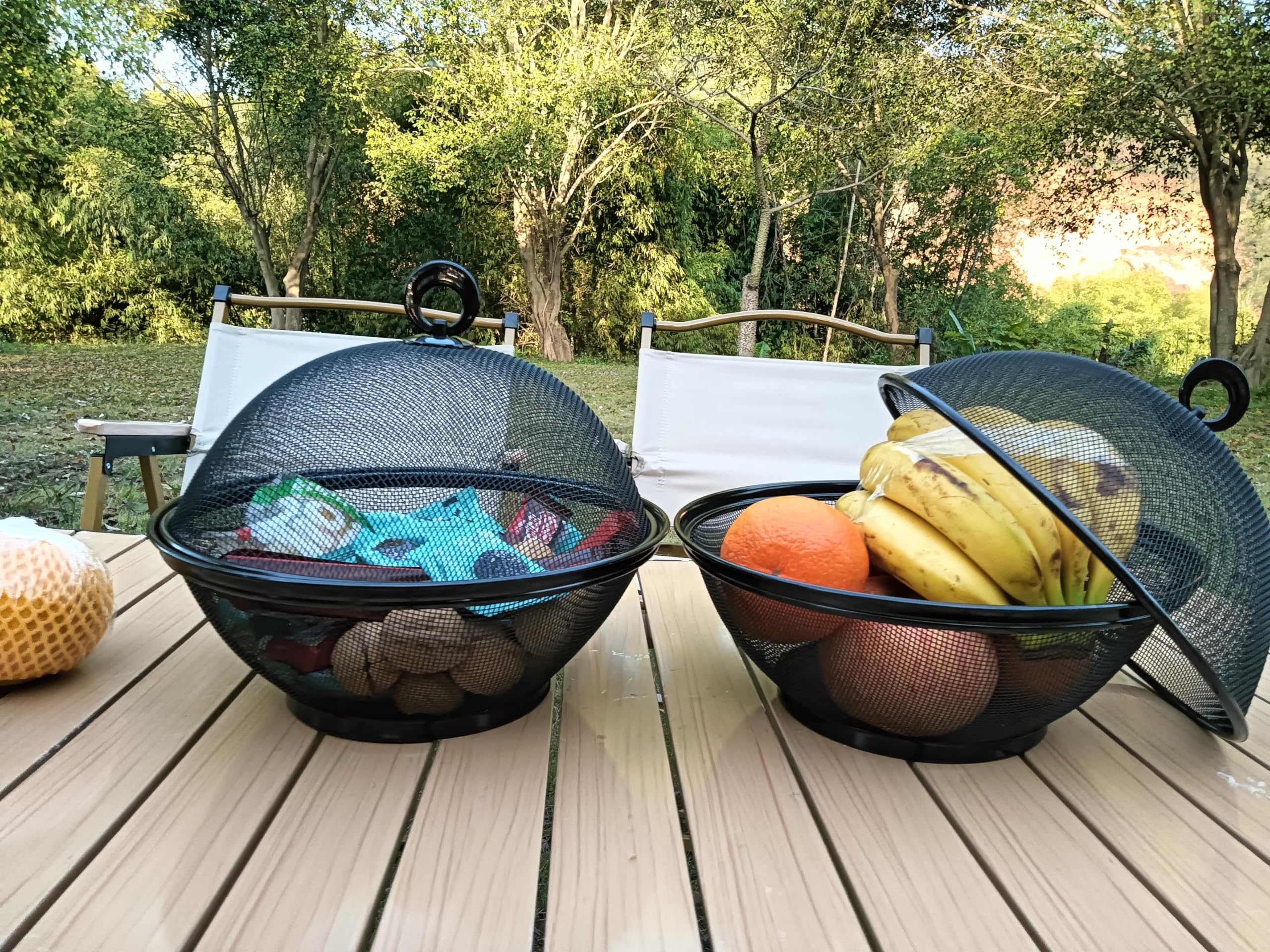 Stainless Steel Fruit Basket with Lid - 2 Pack Decorative Wire Mesh Bowl for Fruits & Vegetables, Fly-Proof Kitchen Storage & Display, Perfect for Countertop, Dining Table, and Party Serving (10.7 Inch, Black)