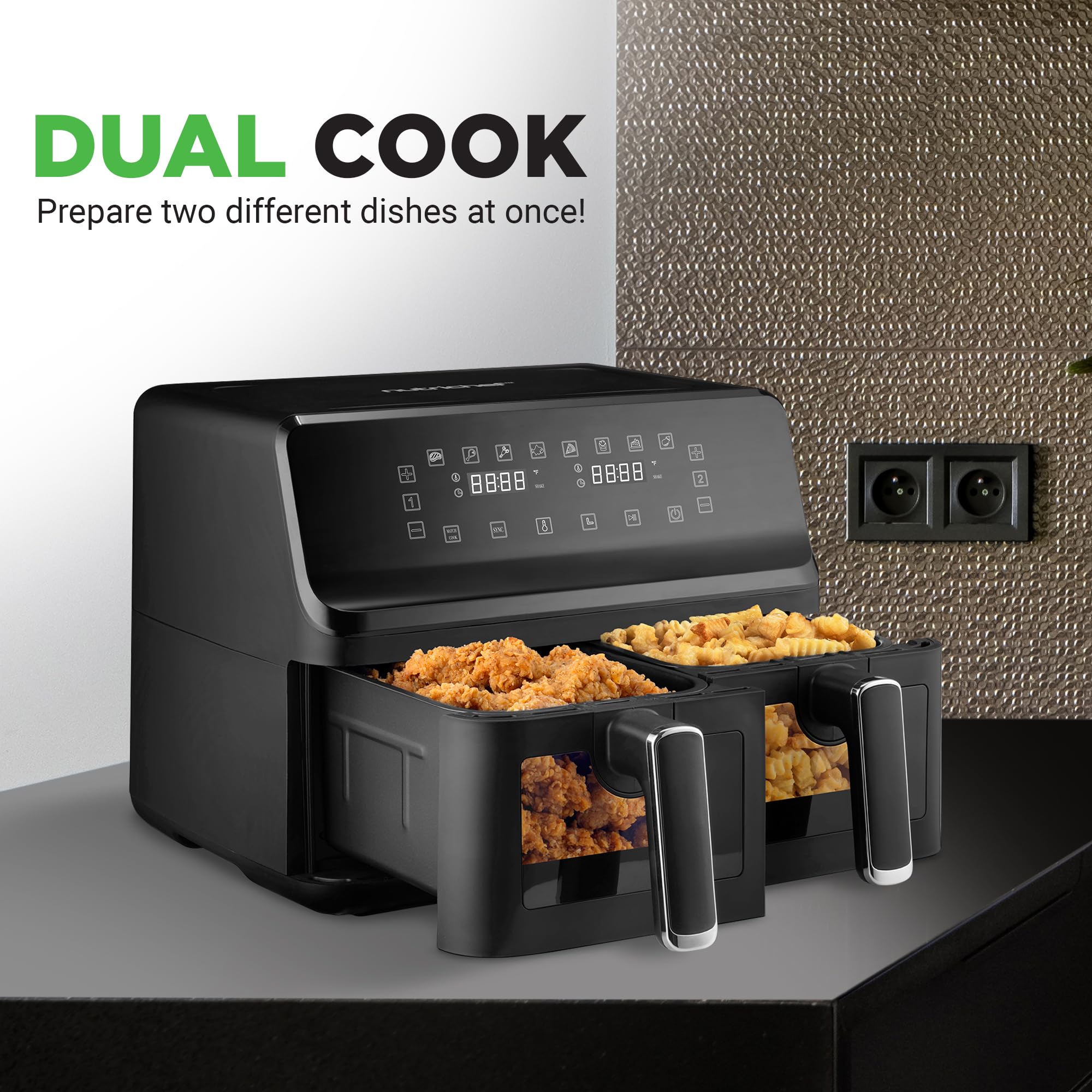 Nutrichef 8.8 QT Double Basket Air Fryer - Large Family Size Oil Free Air Fryer with View Window, 9 Preset Cooking Functions & 360° Hot Air Circulation - Perfect for Healthy Frying, Baking, Roasting (4.4 QT per Basket, Black) - Ideal for Family Meals, Party Snacks & Quick Weeknight Dinners