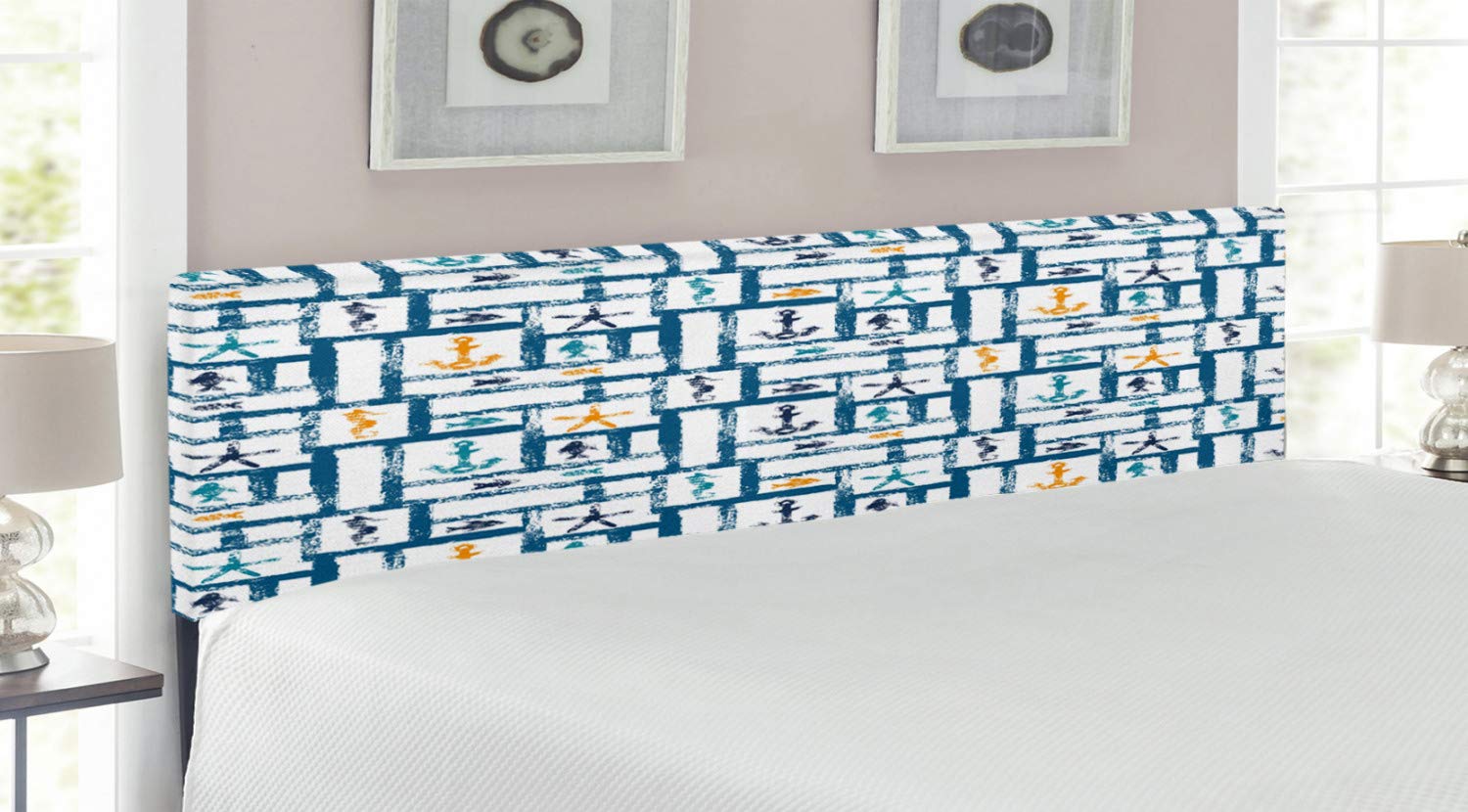 Ambesonne Navy Upholstered King Size Headboard with Memory Foam - Marine Themed Design Featuring Starfish, Anchor & Seahorse - Perfect for Coastal & Nautical Bedroom Decor (Petrol Blue Marigold)