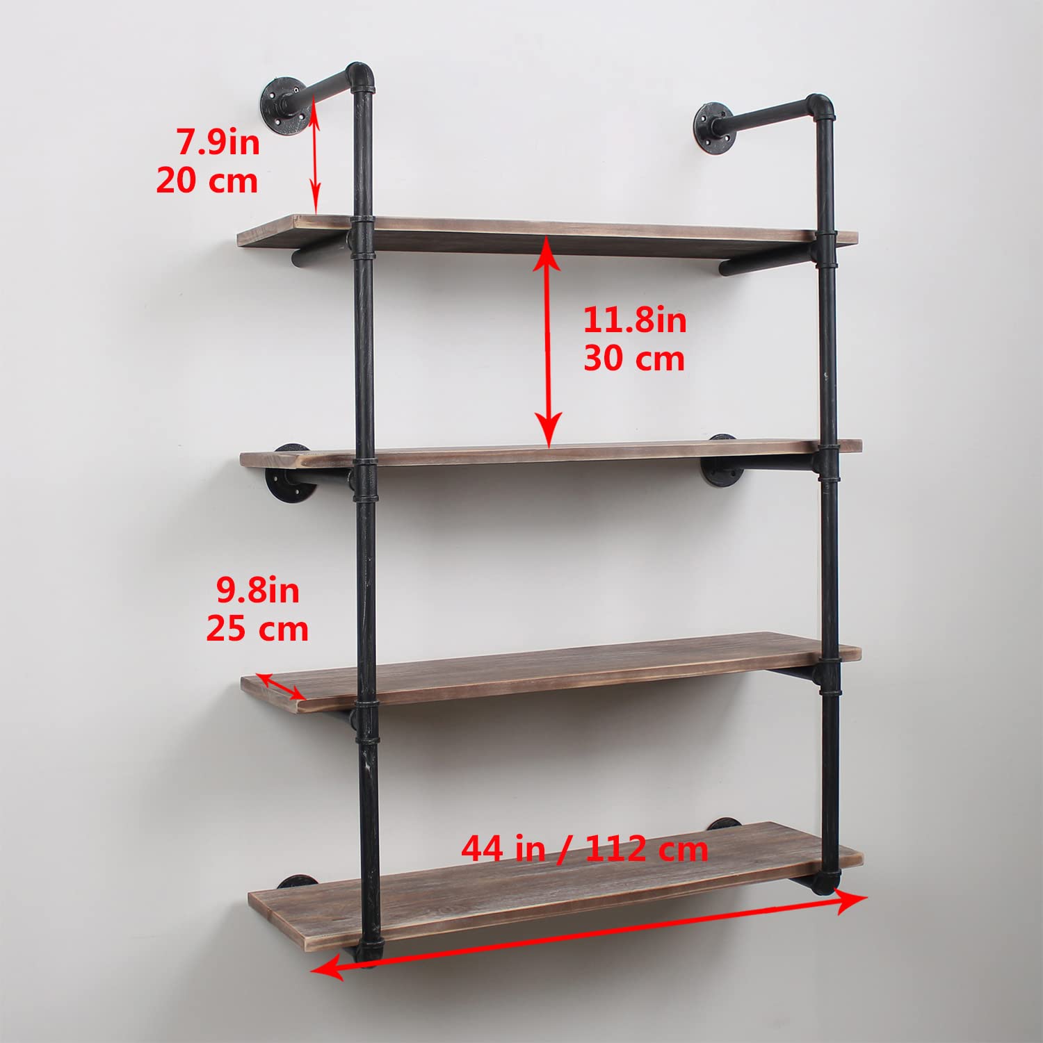 Industrial Pipe Shelving Wall Mounted - 44 Inch Rustic Metal Floating Shelves with Real Wood, Steampunk Style Bookshelf - Heavy Duty 4-Tier Wall Shelf Unit for Farmhouse, Kitchen, Bar & Living Room Storage & Decor
